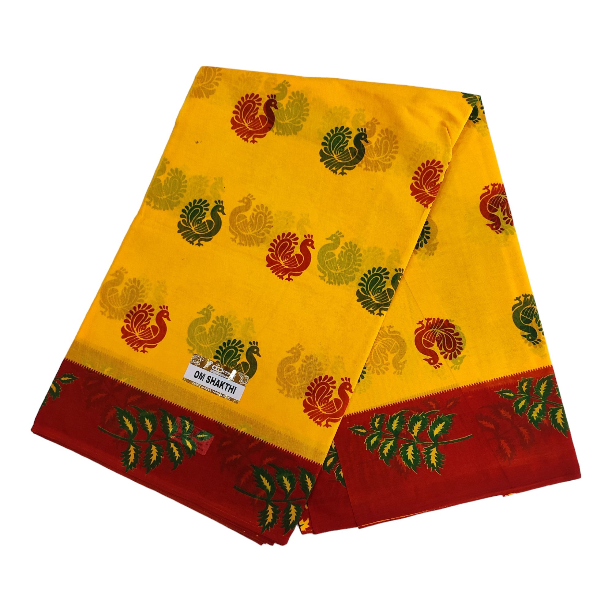 Women's Poly Cotton Printed Mazhai Vaanam Om Skathi Saree, Amman Swamy, Women Saree with Unstitched Blouse Piece
