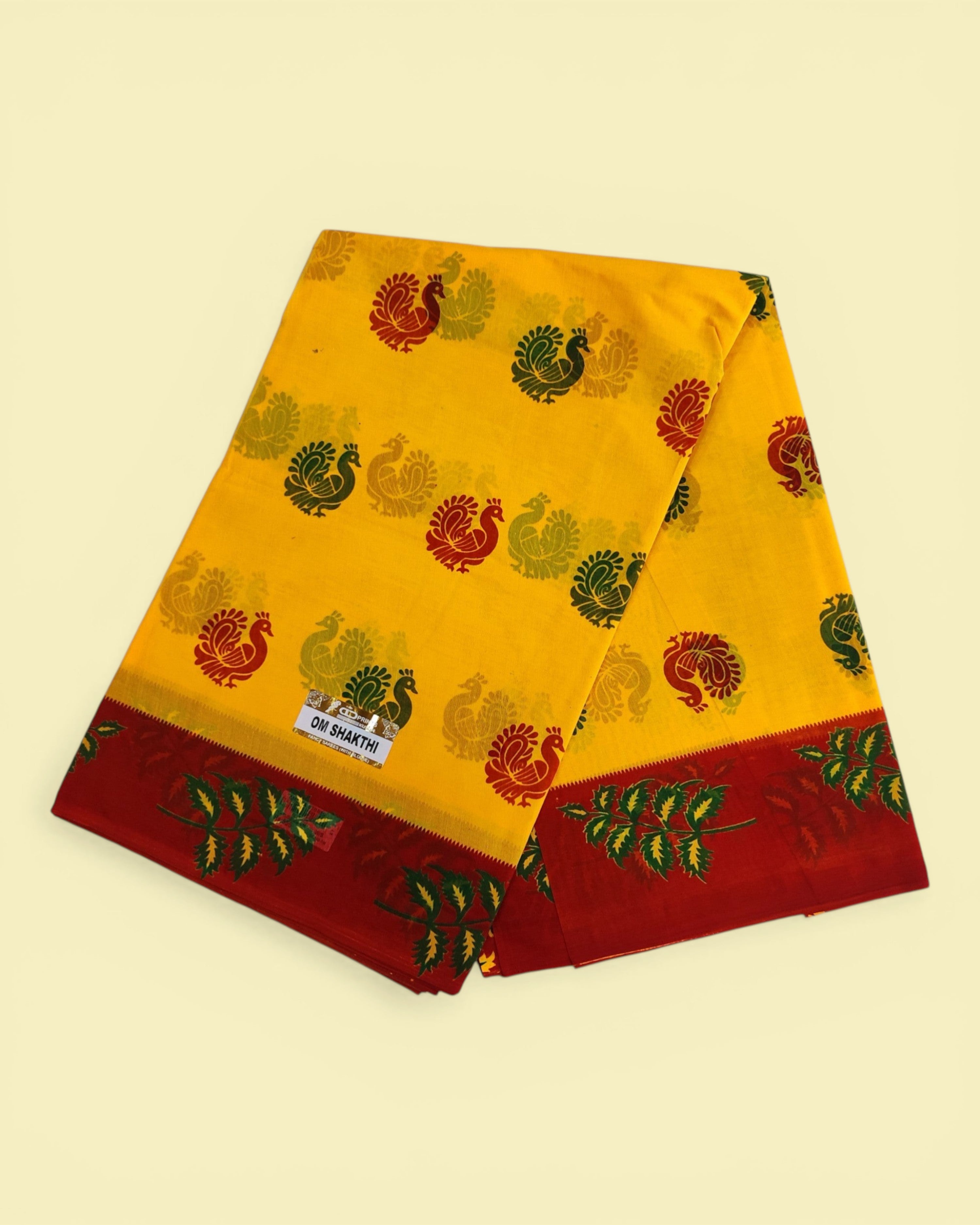 Women's Poly Cotton Printed Mazhai Vaanam Om Skathi Saree, Amman Swamy, Women Saree with Unstitched Blouse Piece
