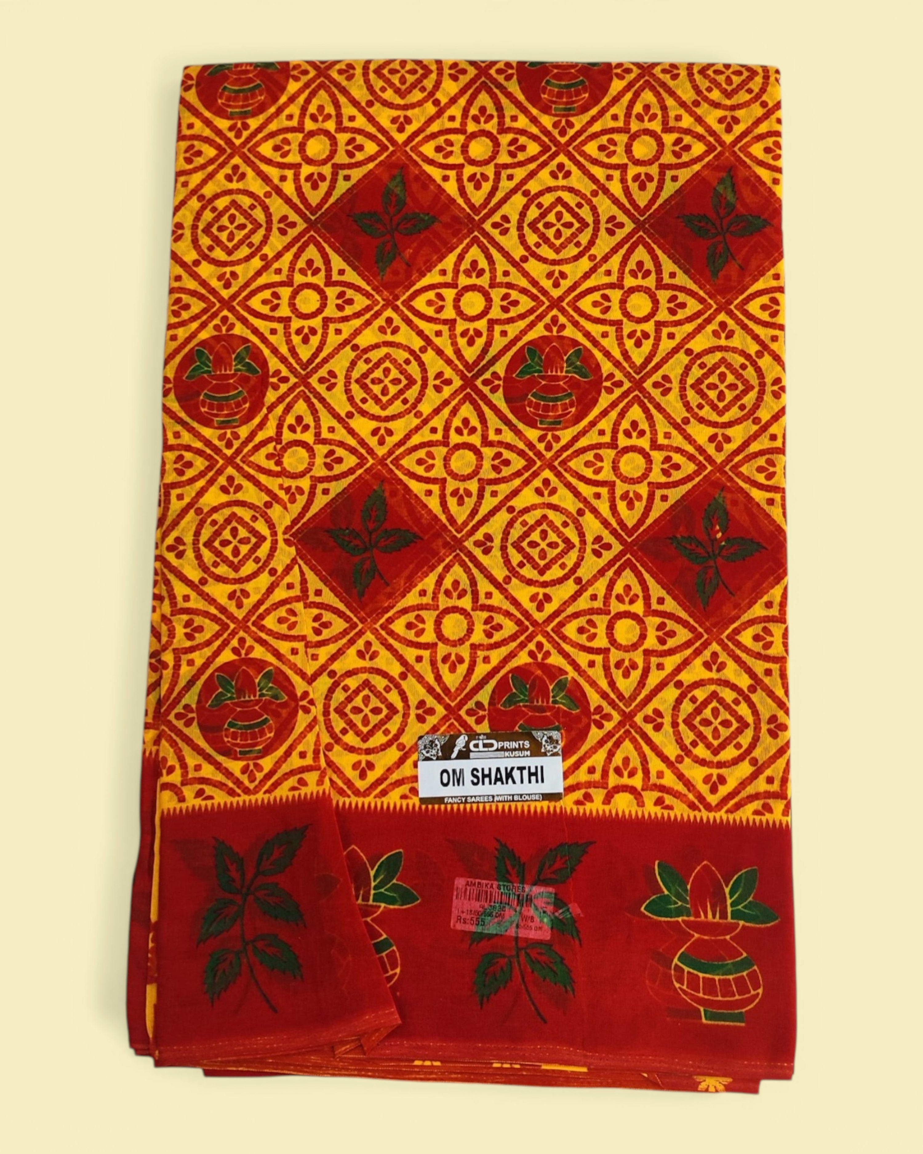 Women's Poly Cotton Printed Mazhai Vaanam Om Skathi Saree, Amman Swamy, Women Saree with Unstitched Blouse Piece