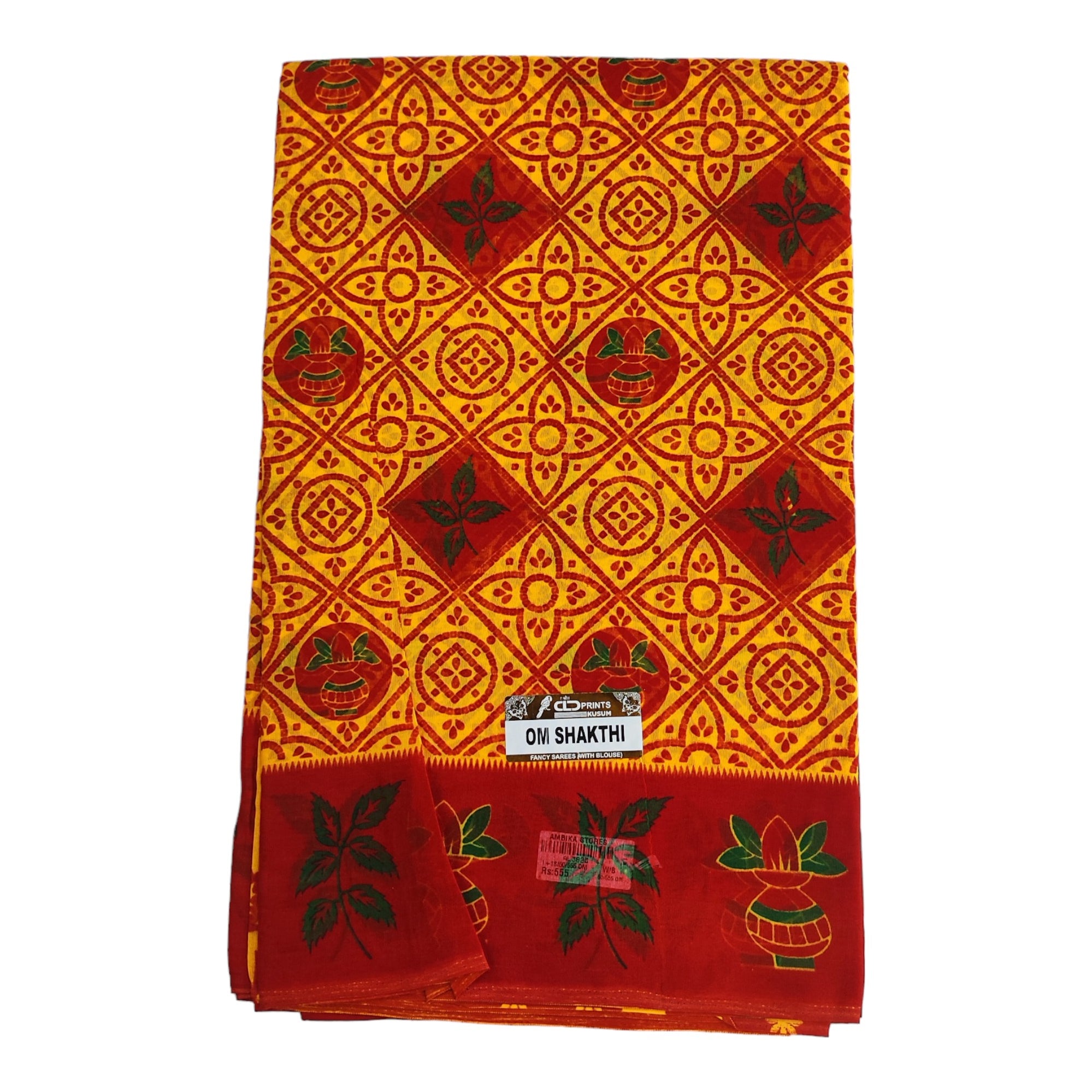 Women's Poly Cotton Printed Mazhai Vaanam Om Skathi Saree, Amman Swamy, Women Saree with Unstitched Blouse Piece