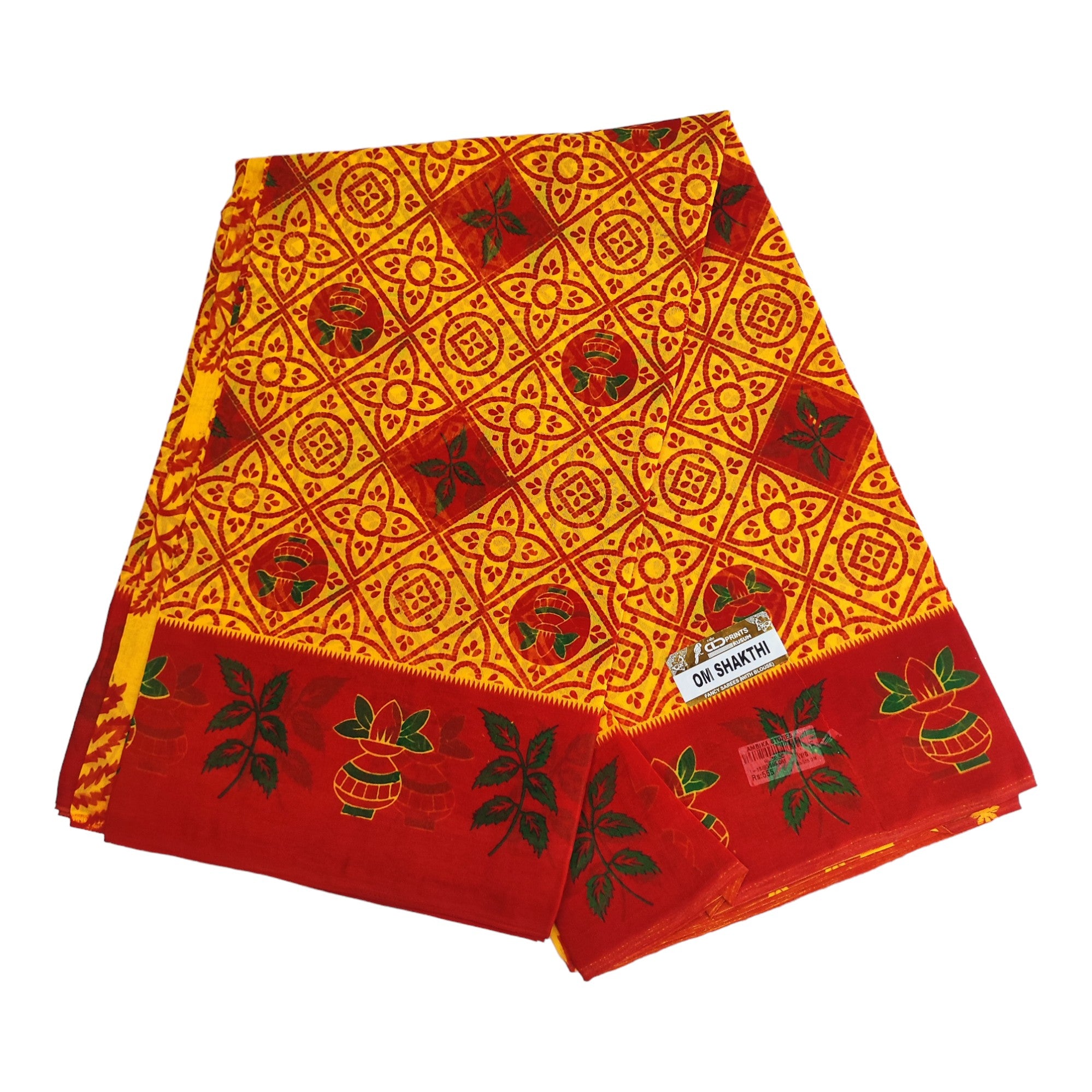 Women's Poly Cotton Printed Mazhai Vaanam Om Skathi Saree, Amman Swamy, Women Saree with Unstitched Blouse Piece