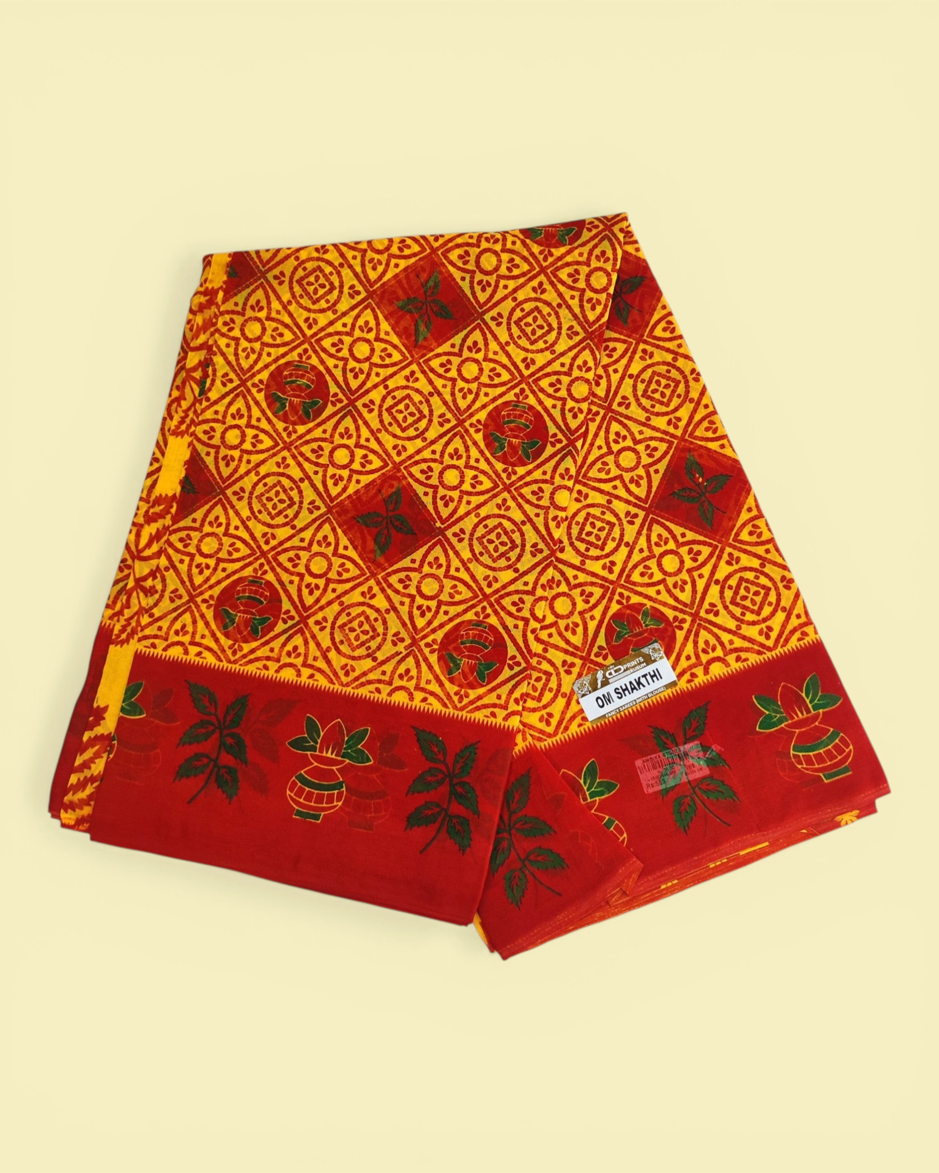Women's Poly Cotton Printed Mazhai Vaanam Om Skathi Saree, Amman Swamy, Women Saree with Unstitched Blouse Piece