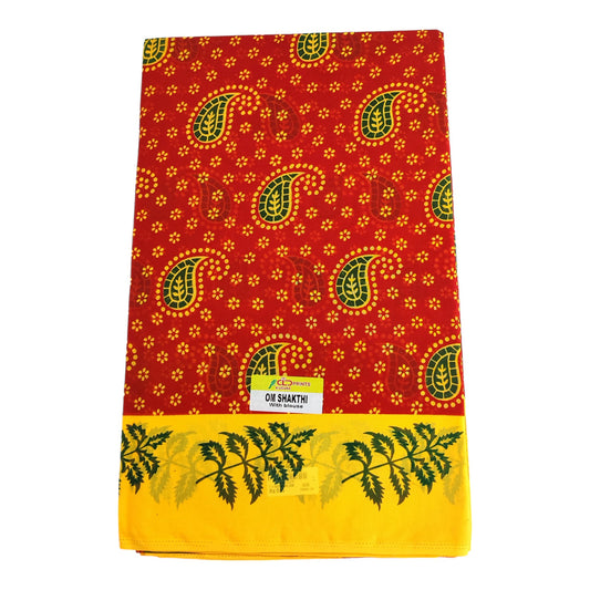 Women's Poly Cotton Printed Mazhai Vaanam Om Skathi Saree, Amman Swamy, Women Saree with Unstitched Blouse Piece