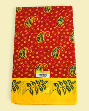 Women's Poly Cotton Printed Mazhai Vaanam Om Skathi Saree, Amman Swamy, Women Saree with Unstitched Blouse Piece