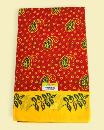 Women's Poly Cotton Printed Mazhai Vaanam Om Skathi Saree, Amman Swamy, Women Saree with Unstitched Blouse Piece