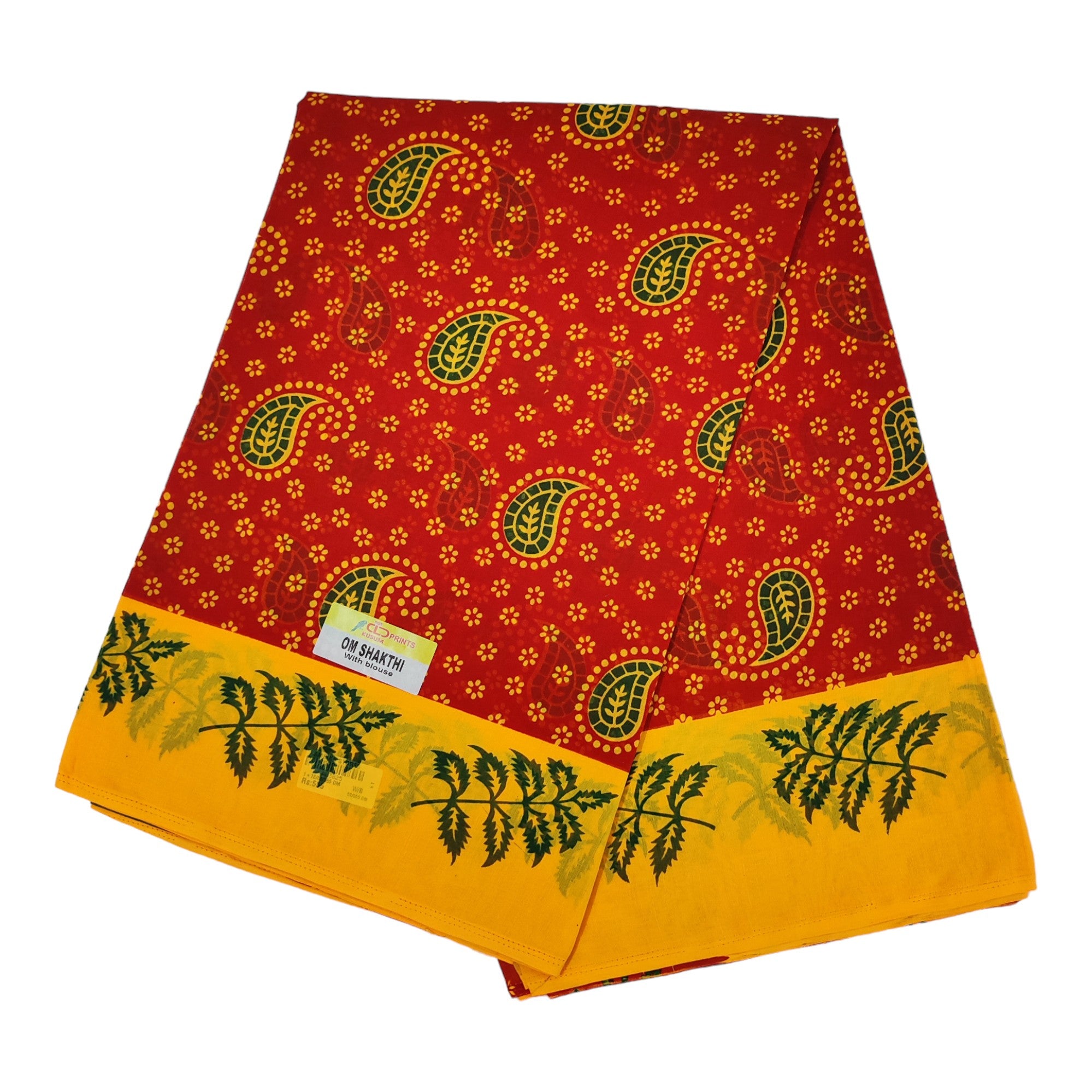 Women's Poly Cotton Printed Mazhai Vaanam Om Skathi Saree, Amman Swamy, Women Saree with Unstitched Blouse Piece