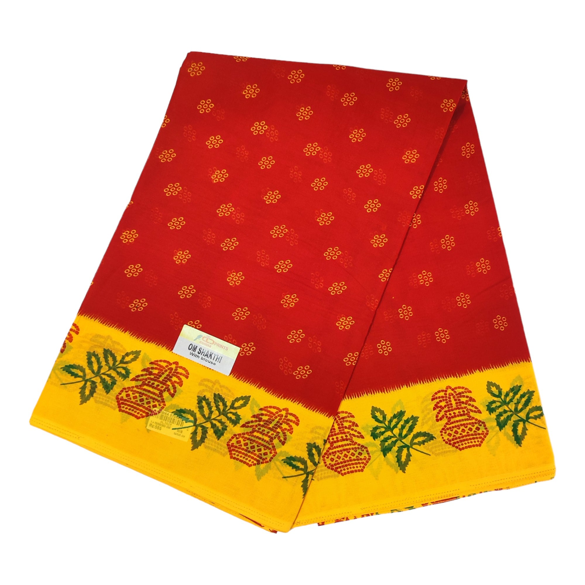 Women's Poly Cotton Printed Mazhai Vaanam Om Skathi Saree, Amman Swamy, Women Saree with Unstitched Blouse Piece