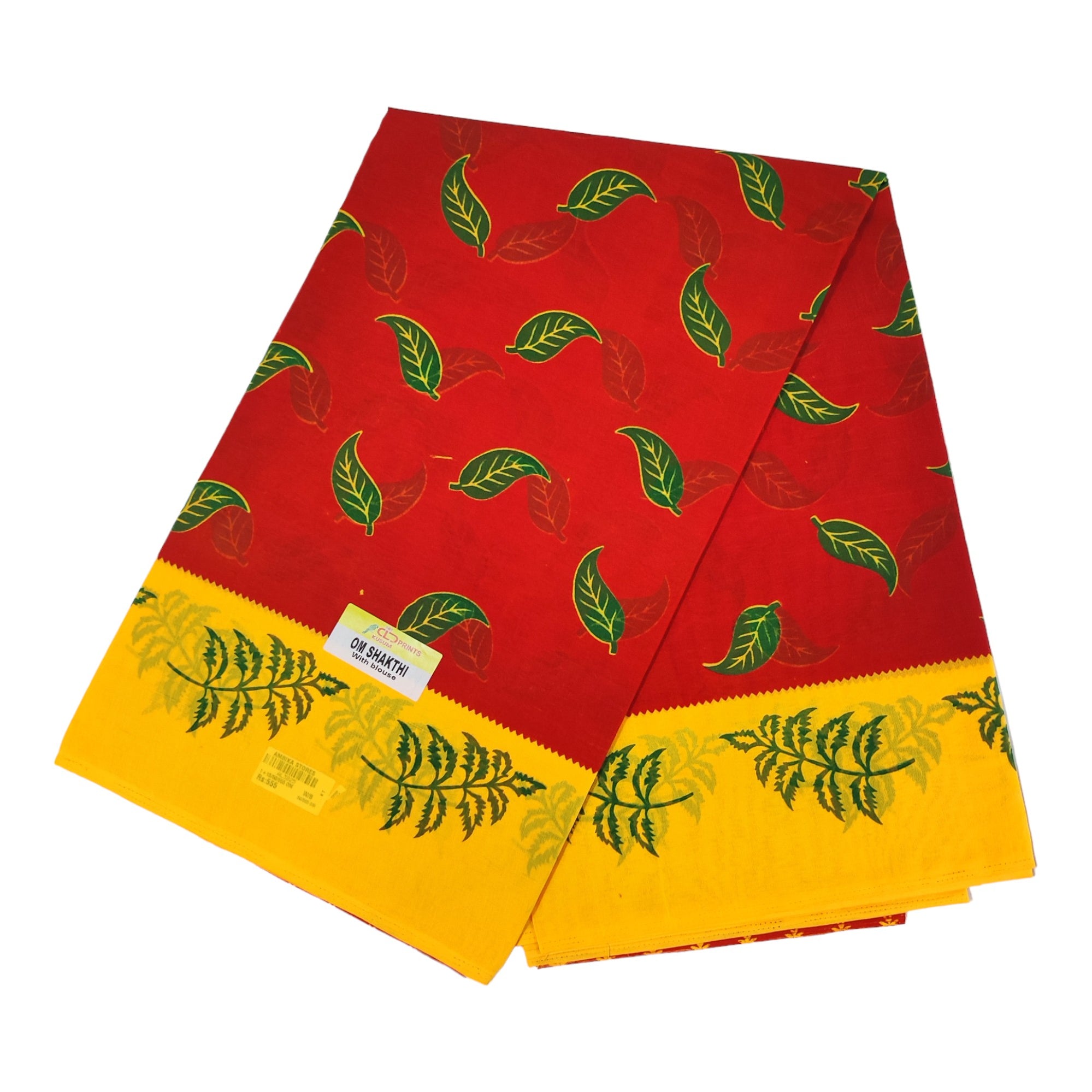 Women's Poly Cotton Printed Mazhai Vaanam Om Skathi Saree, Amman Swamy, Women Saree with Unstitched Blouse Piece