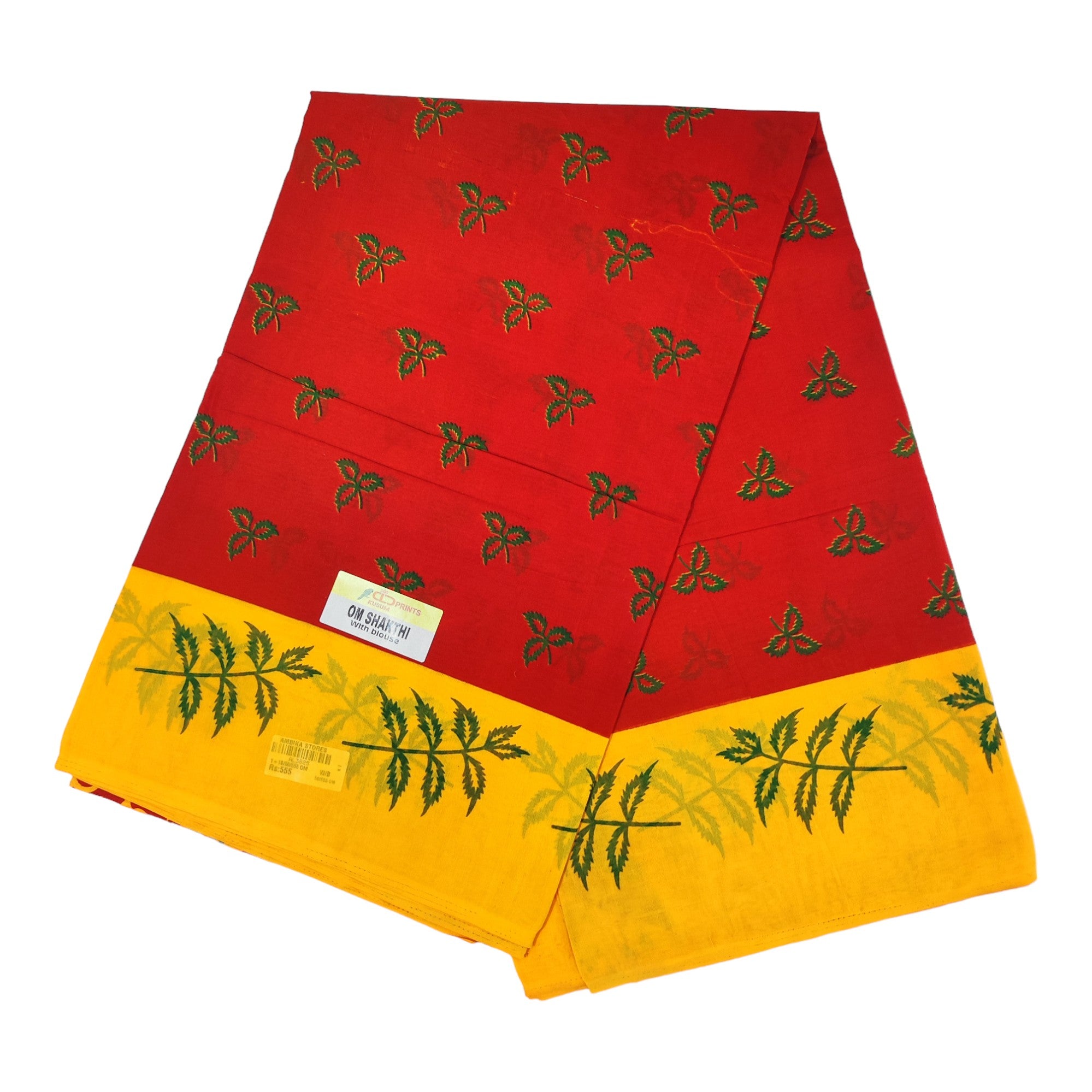 Women's Poly Cotton Printed Mazhai Vaanam Om Skathi Saree, Amman Swamy, Women Saree with Unstitched Blouse Piece
