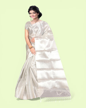 Women's Heavy Tissue Silk Silver Zari Saree with Blouse Piece