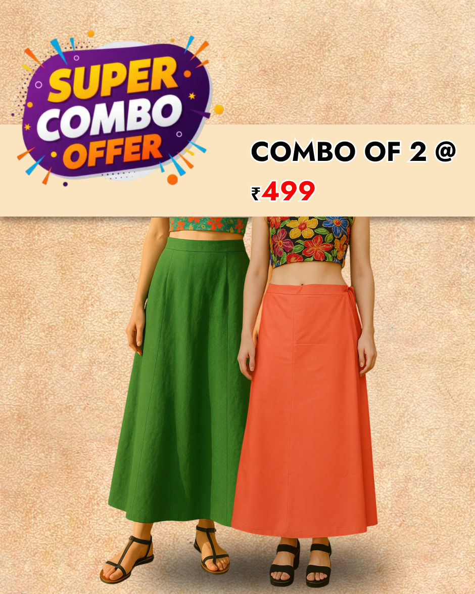 Women's Pure Cotton Saree Readymade Inskirt | Saree Petticoats (COMBO OF 2)