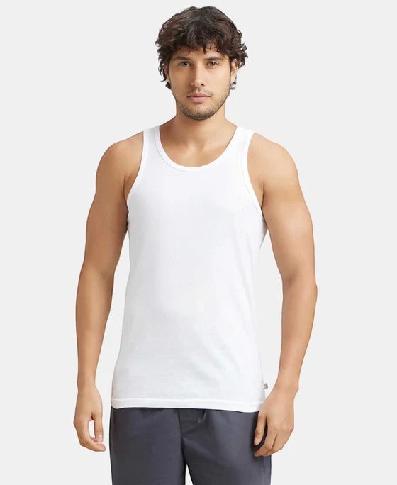 Ambika Stores white super combed cotton men's round neck vest with extended length for easy tuck.