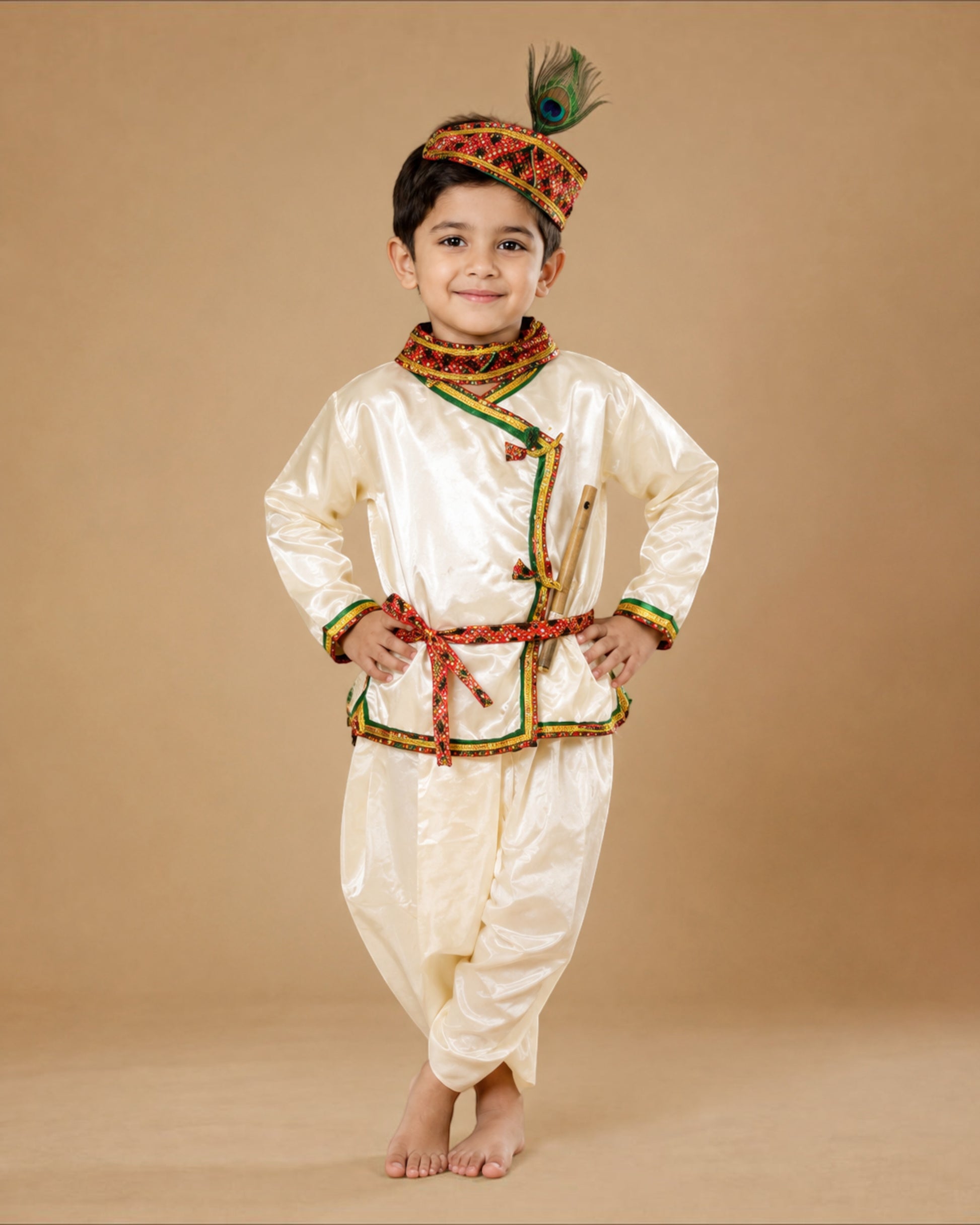 A young boy modeling a traditional South Asian outfit consisting of a cream satin kurta and matching trousers, decorated with colorful patterned trim, a matching waist tie, and a decorative peacock feather hat, set against a solid beige studio background.