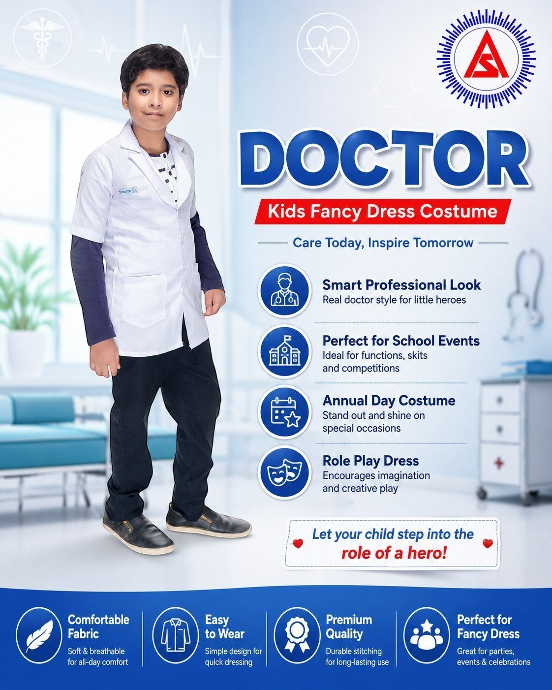 Boy wearing white doctor lab coat fancy dress costume for school role play