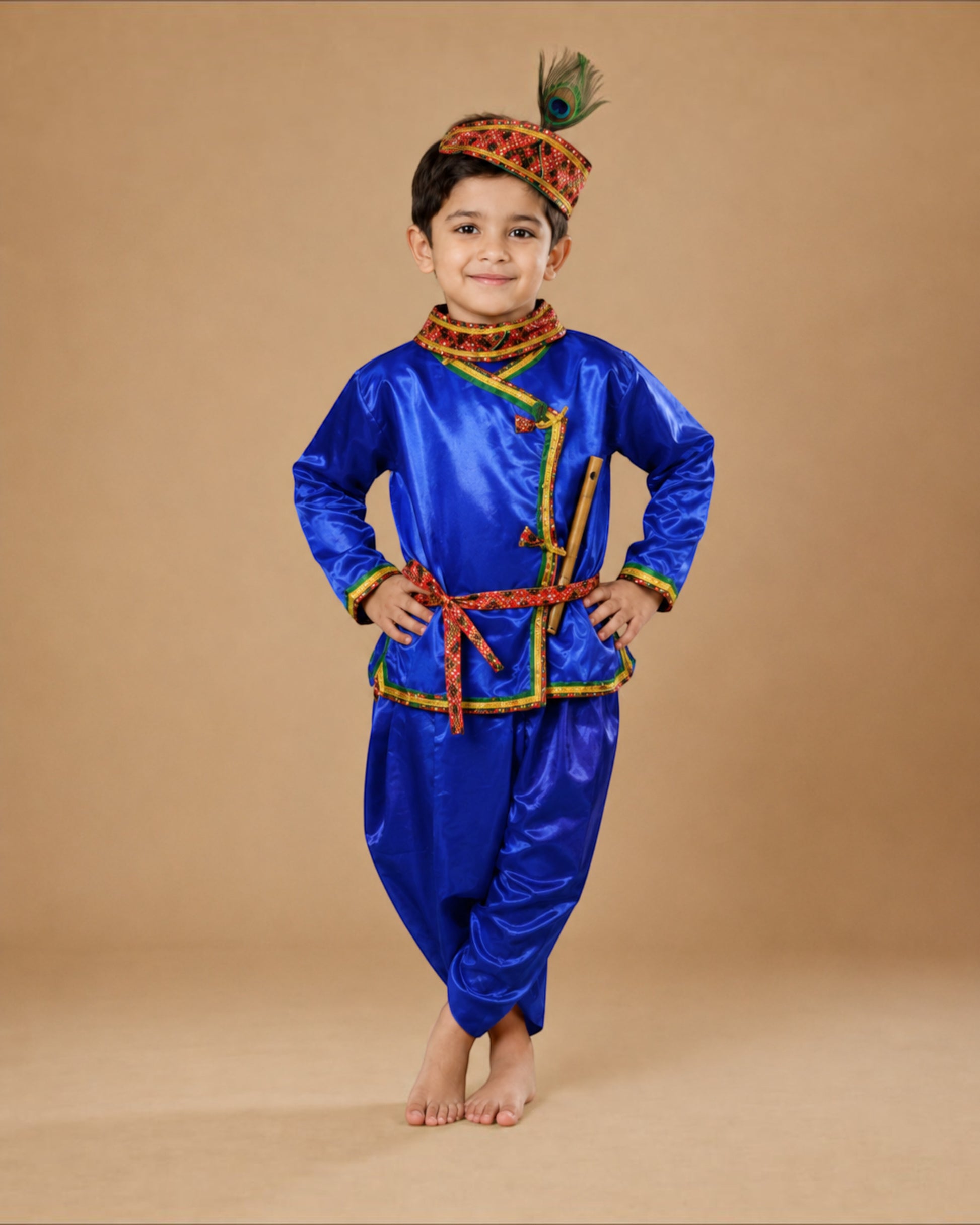 A young boy modeling a traditional blue ethnic costume set with a matching hat featuring a peacock feather, set against a solid beige studio background.