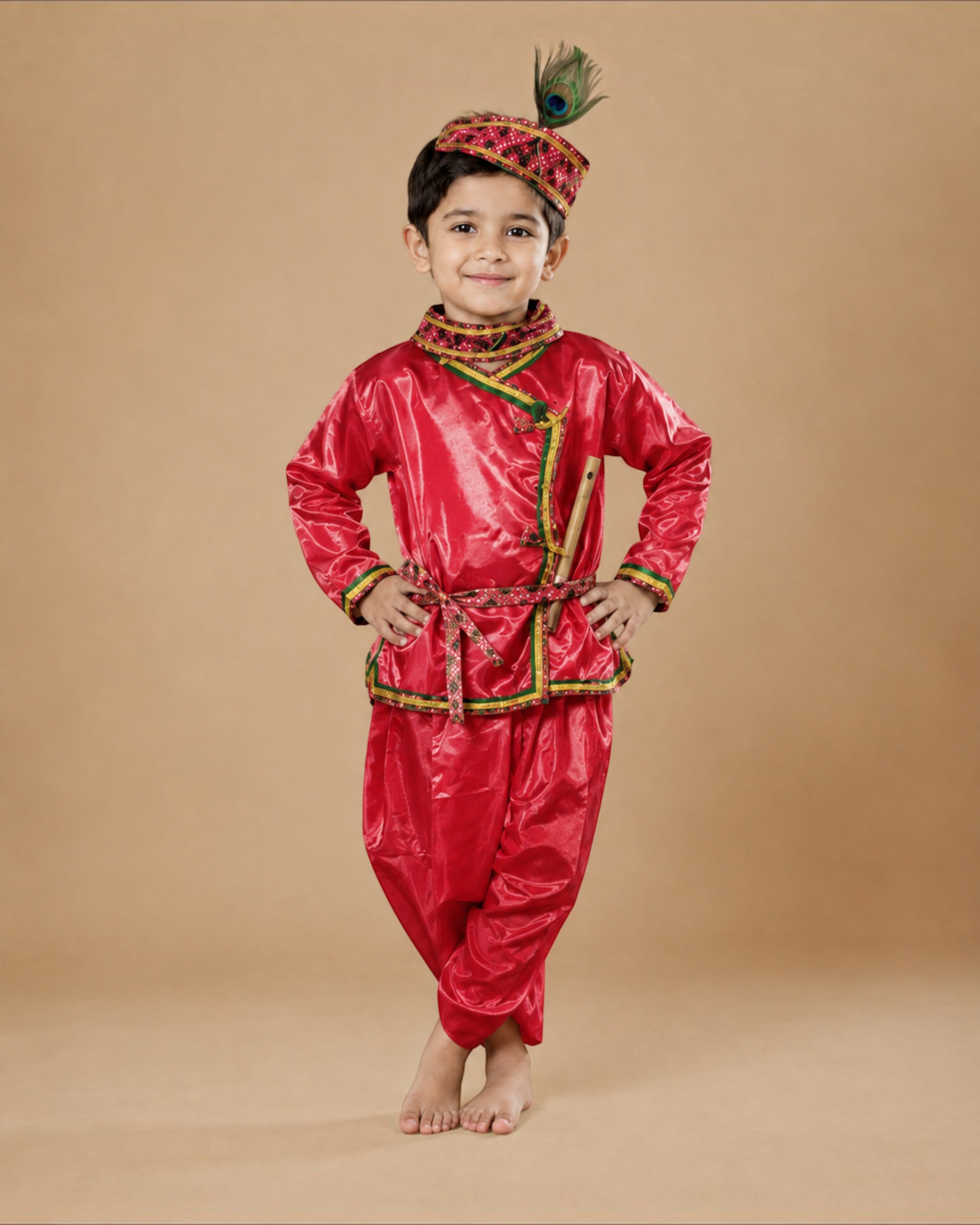 A young boy modeling a shiny red traditional costume set with gold and green trim, a matching patterned hat with a peacock feather, and a tie belt, standing against a solid beige background.