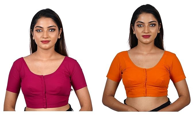 Women's Round Neck Cotton Stretchable Short Sleeves Readymade Saree Blouse | Regular Wear Plain Blouse for Women Stylish