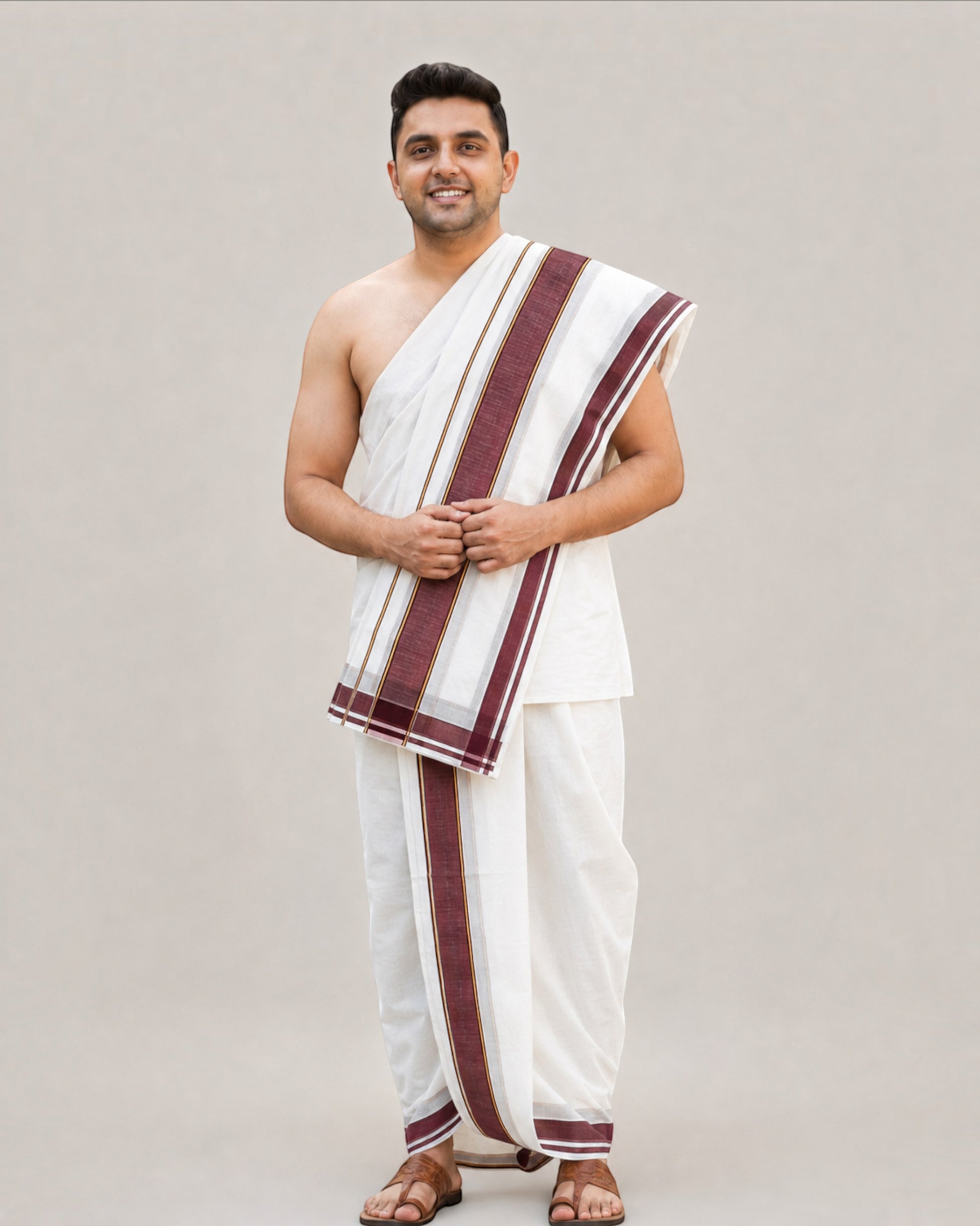 Men’s white cotton blend Panchakacham 9×5 with maroon border