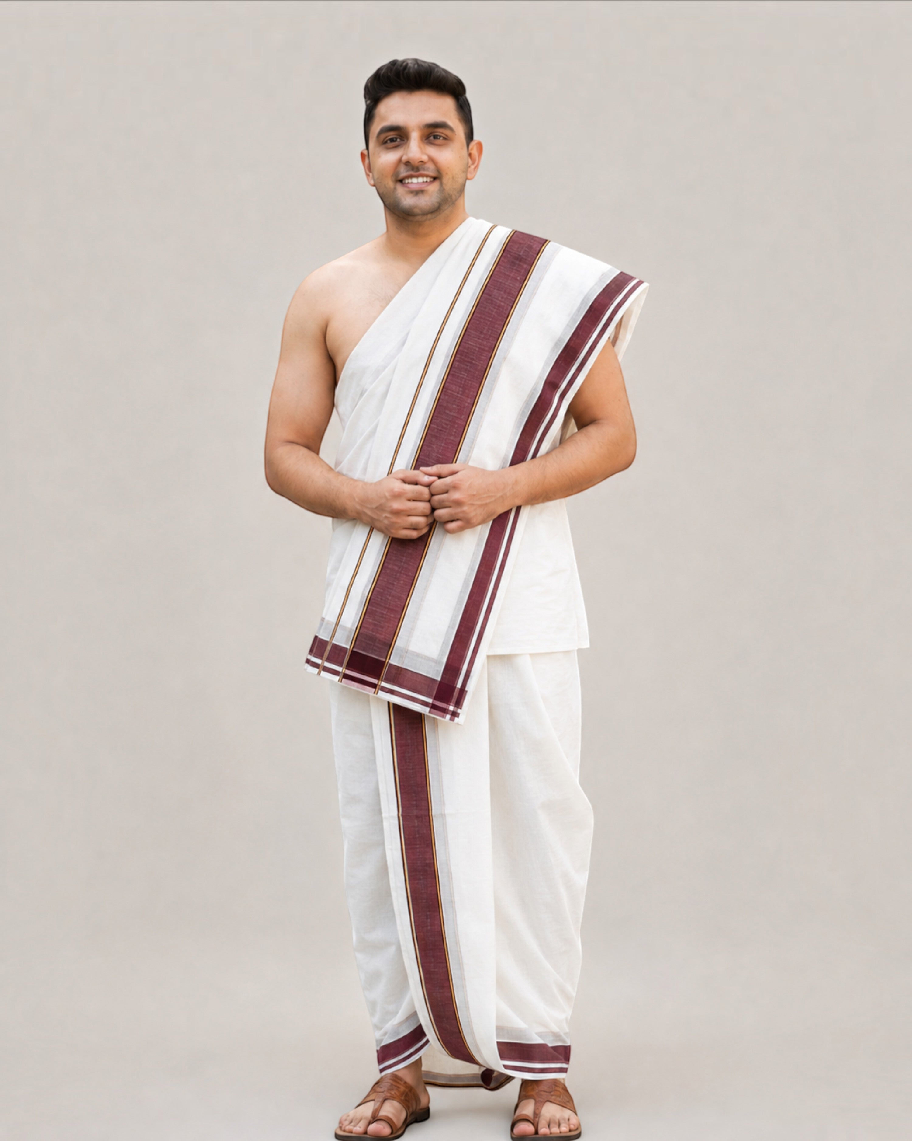 Men’s white cotton blend Panchakacham 9×5 with maroon border