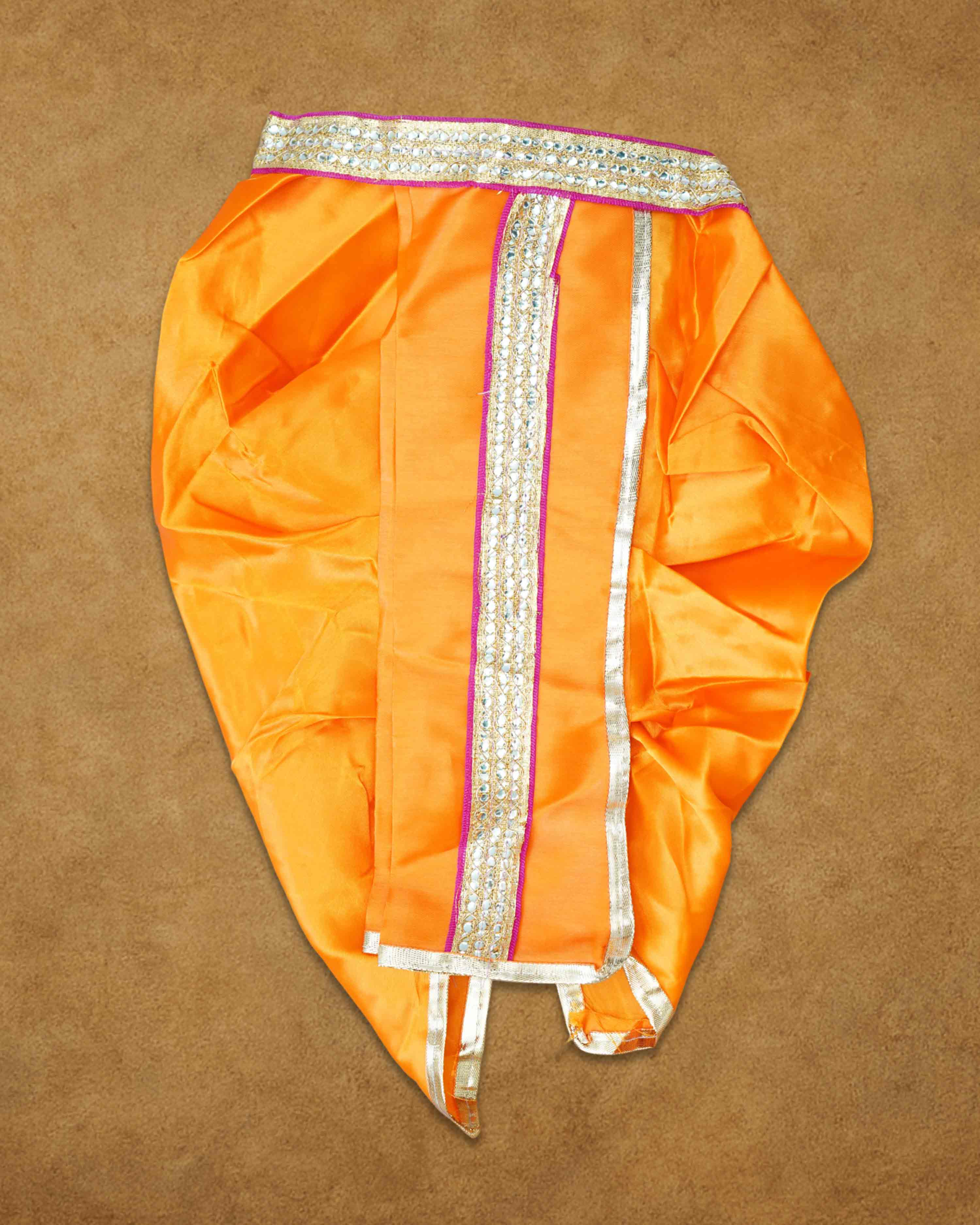 Ganesh Ji & Standing Krishna Idol Panchakacham Dhoti Towel Dress Set Orange