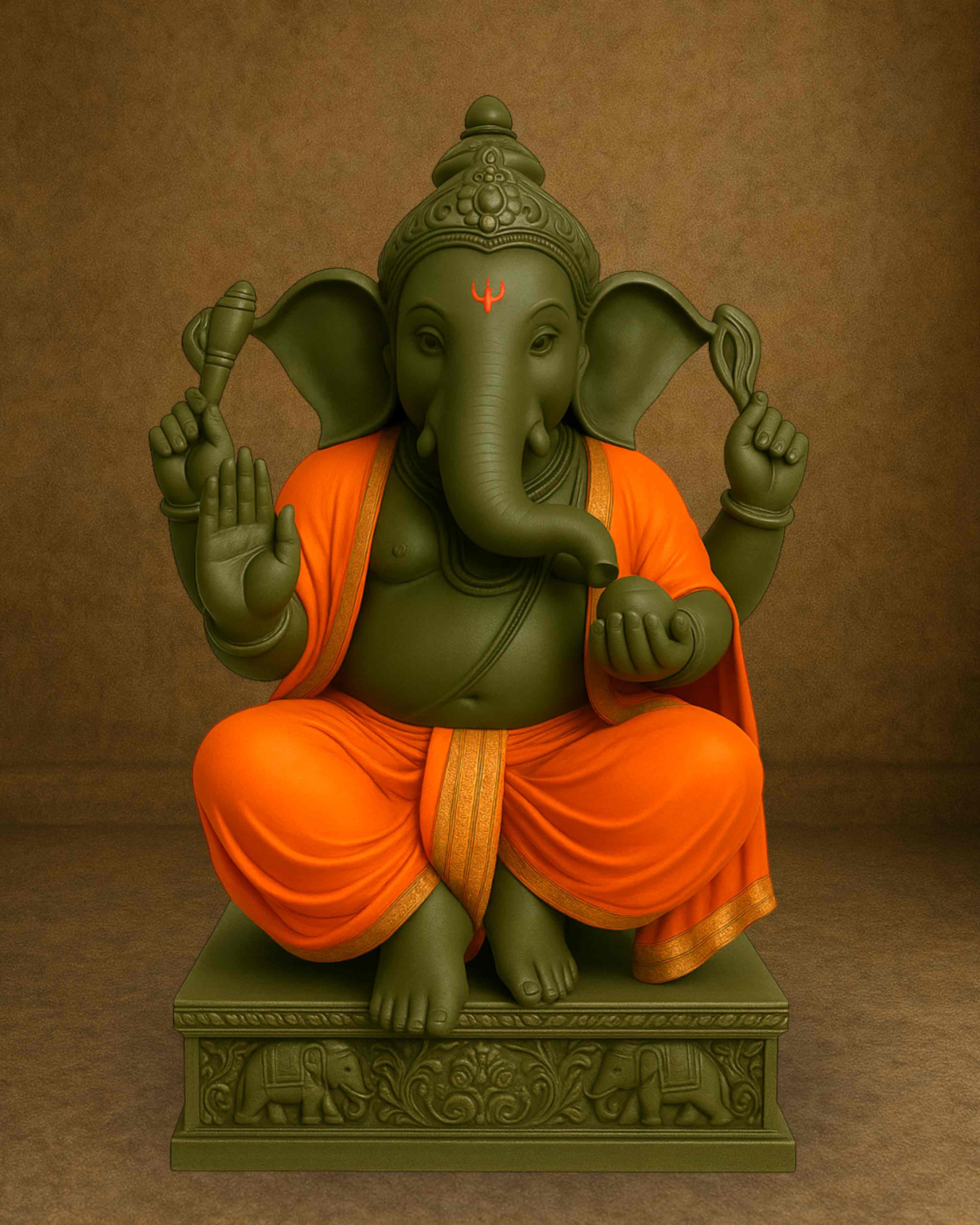 Ganesh Ji & Standing Krishna Idol Panchakacham Dhoti Towel Dress Set Orange