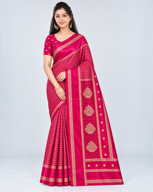 பெண்களுக்கான டர்க்கி சில்க் புடவை மற்றும் பிளவுஸ் பீஸ் – ராணி பிங்க் கோல்டு செக்ஸ் | பாரிஸ் பியூட்டி