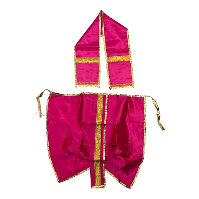 Ganesh Ji & Standing Krishna Idol Panchakacham Dhoti Towel Dress Set Rani Pink