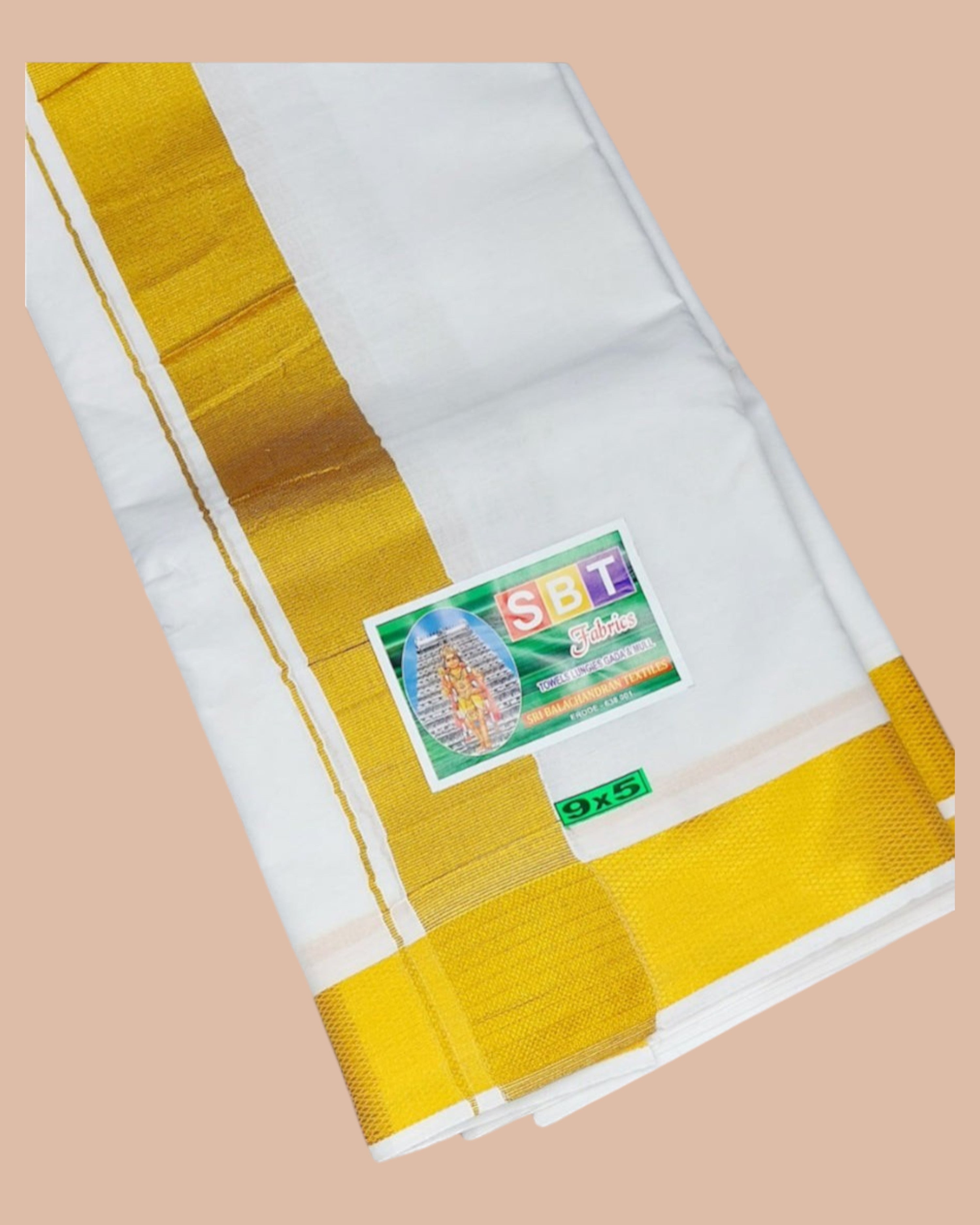 Cotton Mens Panjakejam White Dhoti With Gold Border & Towel set [9 X 5]