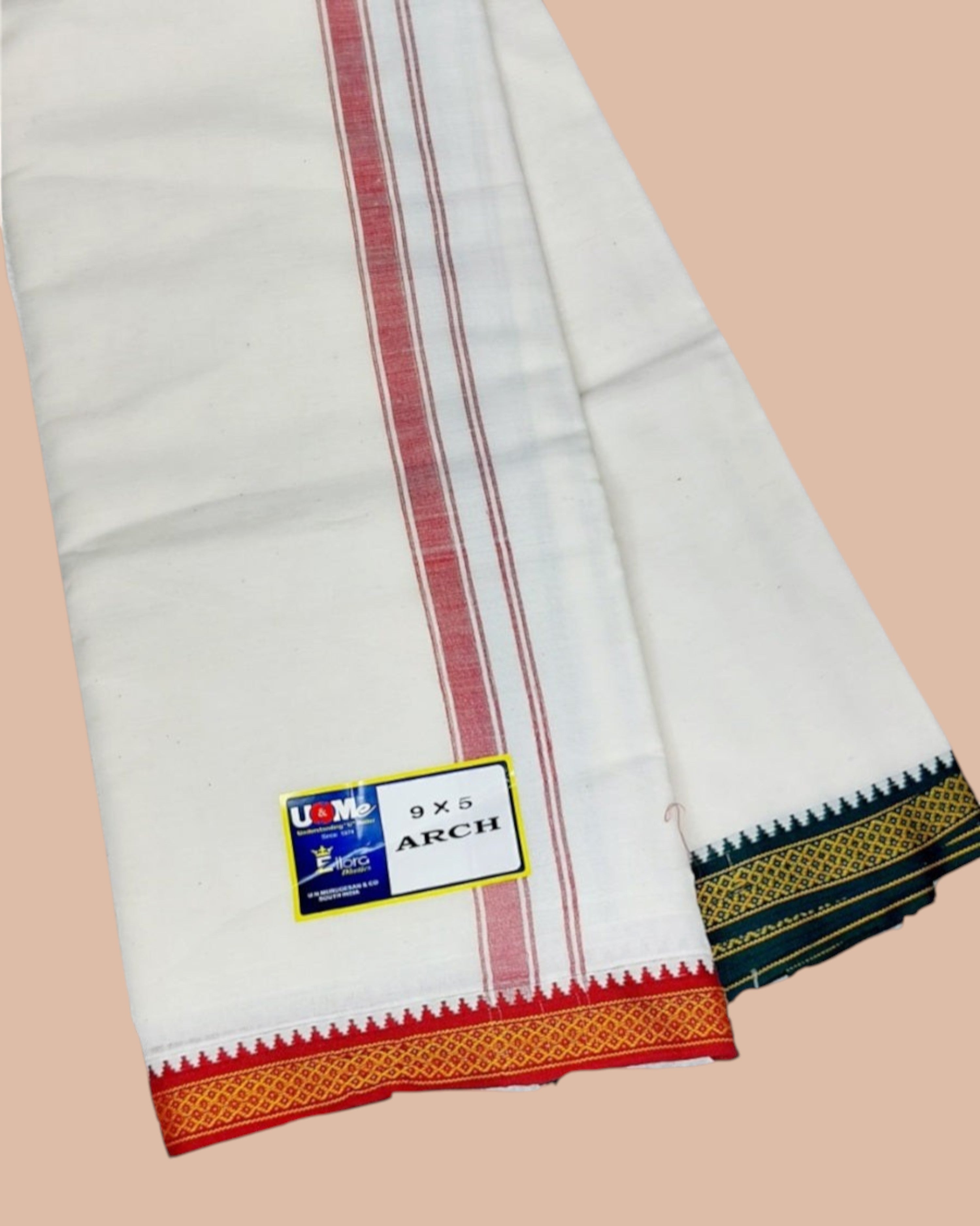 Cotton Mens Panjakejam White Dhoti Mayil Kan Border & Towel set [9 X 5]