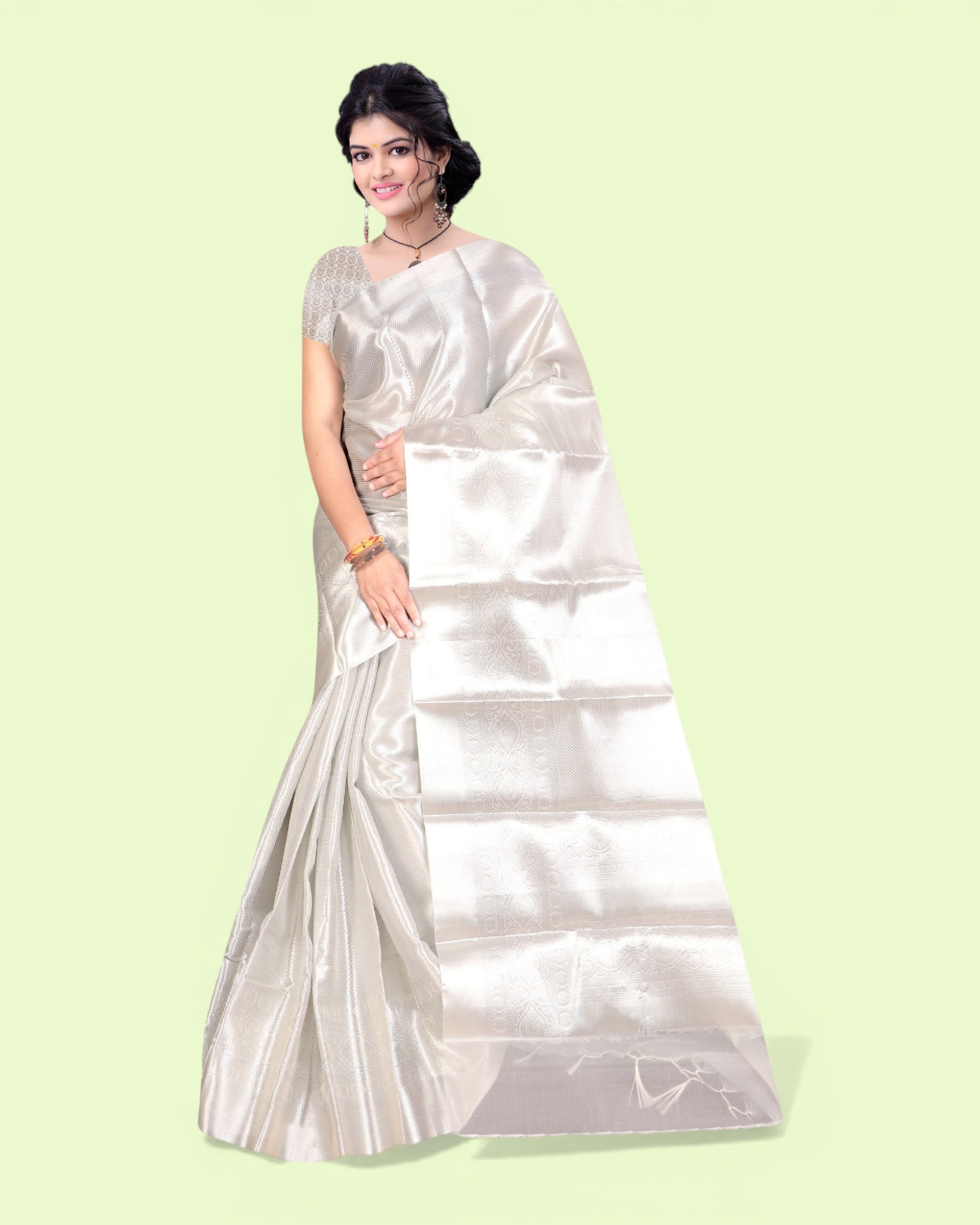 Women's Heavy Tissue Silk Silver Zari Saree with Blouse Piece