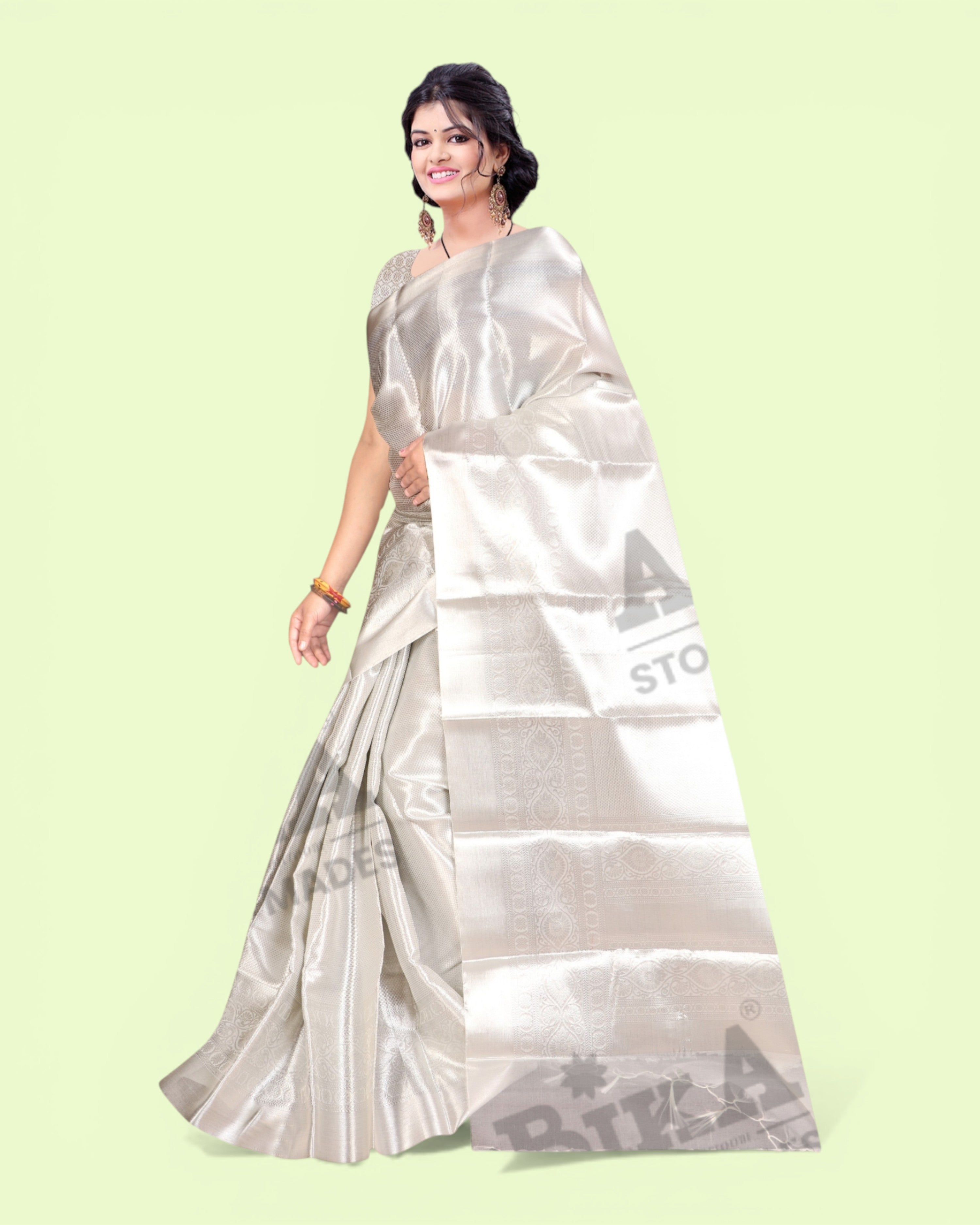 Women's Heavy Tissue Silk Silver Zari Saree with Blouse Piece