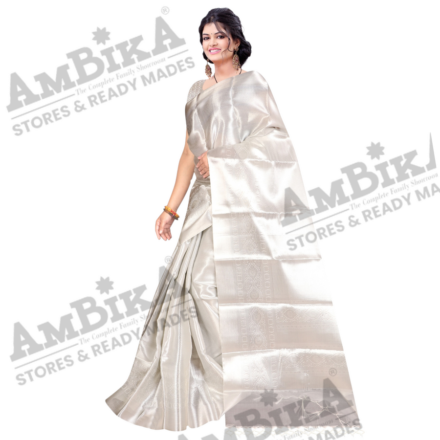 Women's Heavy Tissue Silk Silver Zari Saree with Blouse Piece