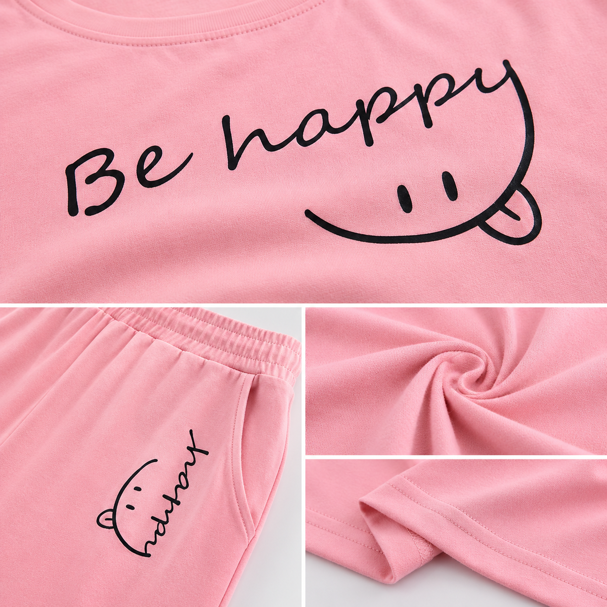 Close-up details of pink bamboo-blend lounge set showing soft fabric texture, T-shirt print, elastic waistband and stitching