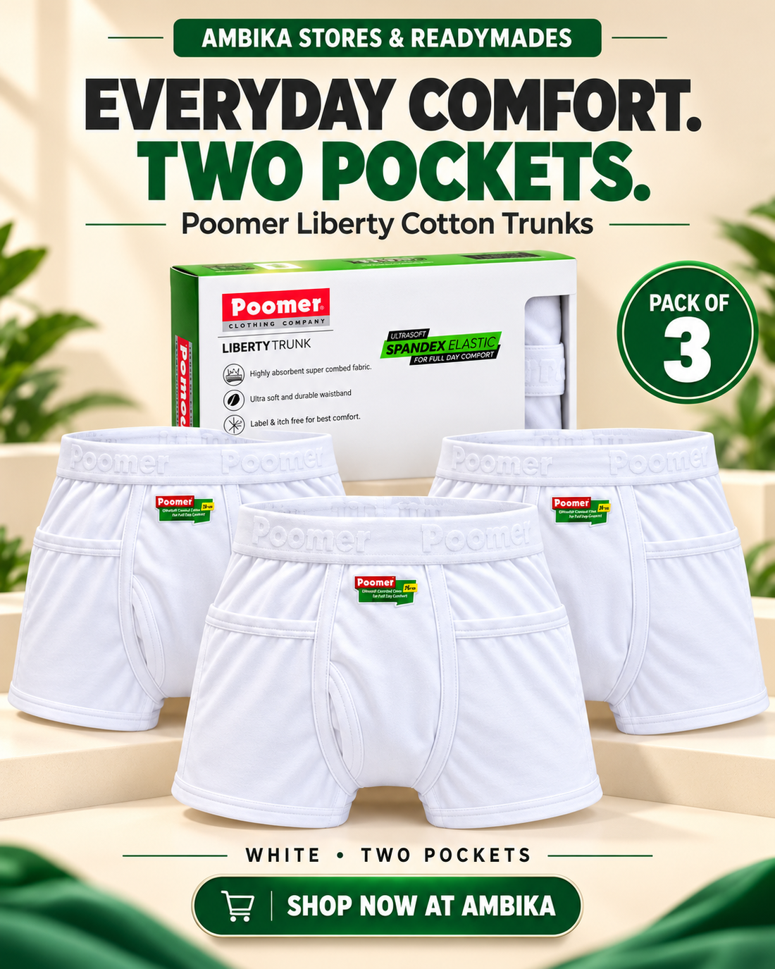 Poomer Liberty Men's Pocket Trunks Pack of 3 – White