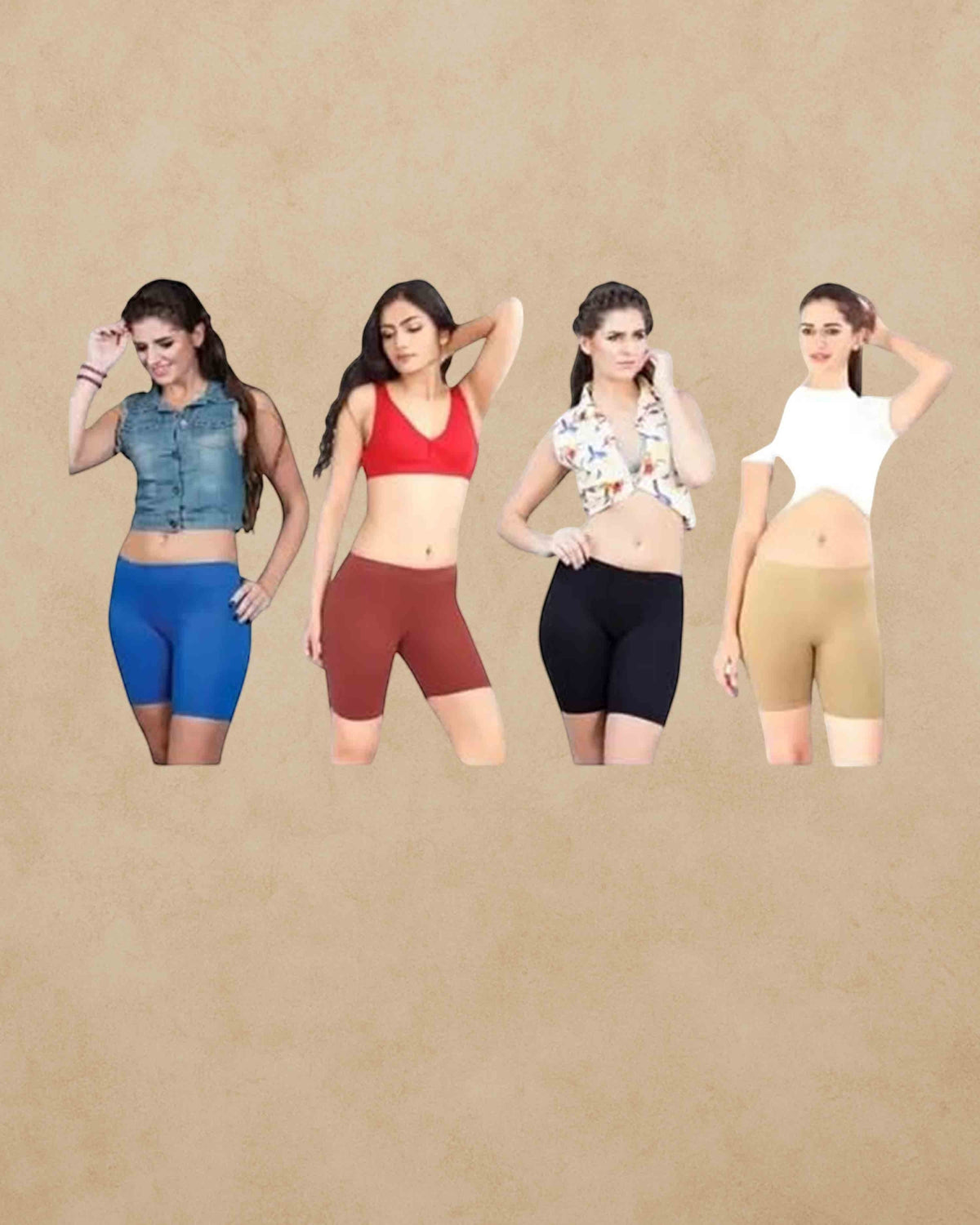 Ambika Stores Prithvi multicolour cotton yoga and cycling shorts for women with comfortable inner elastic waistbands.