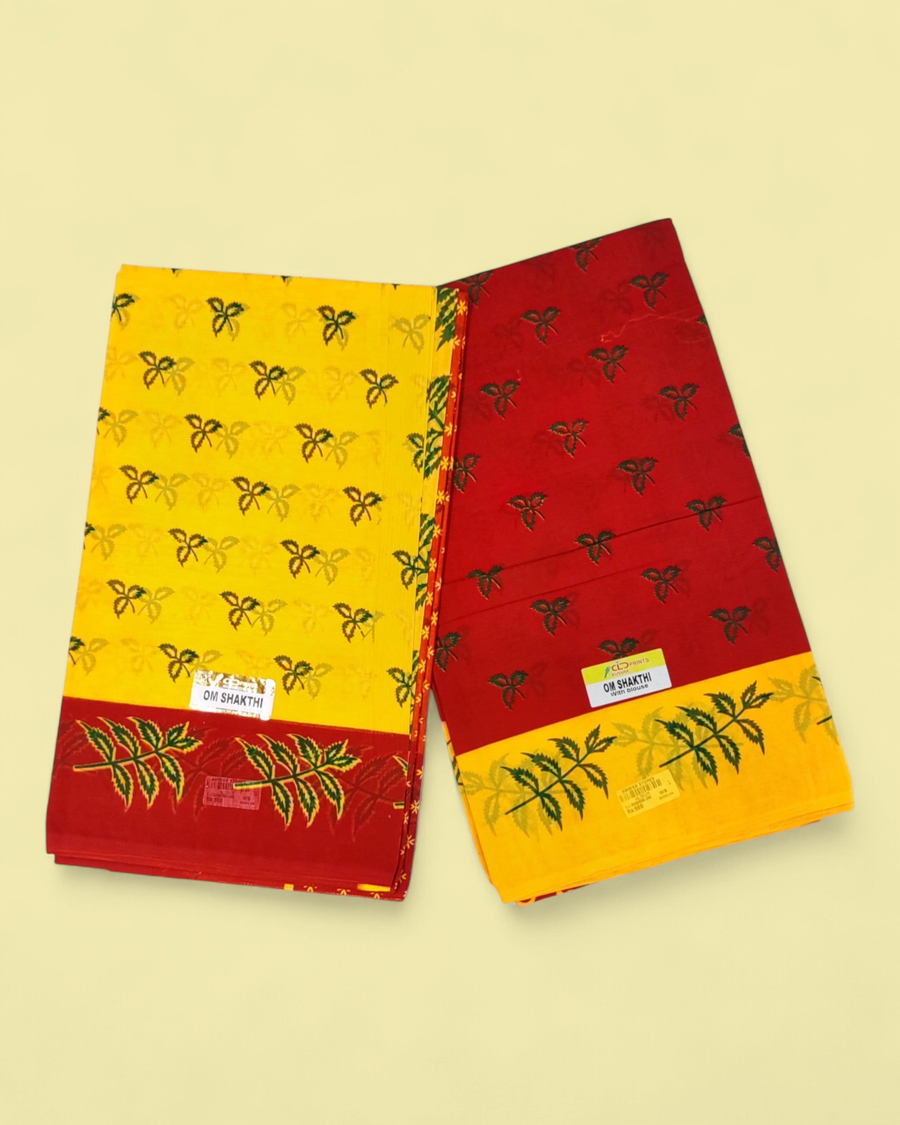 Women's Poly Cotton Printed Mazhai Vaanam Om Skathi Saree, Amman Swamy Women Saree with Unstitched Blouse Piece (YELLOW & RED) PACK OF 2pcs