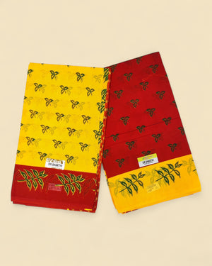 Women's Poly Cotton Printed Mazhai Vaanam Om Skathi Saree, Amman Swamy Women Saree with Unstitched Blouse Piece (YELLOW & RED) Design 2  (PACK OF 2pcs)