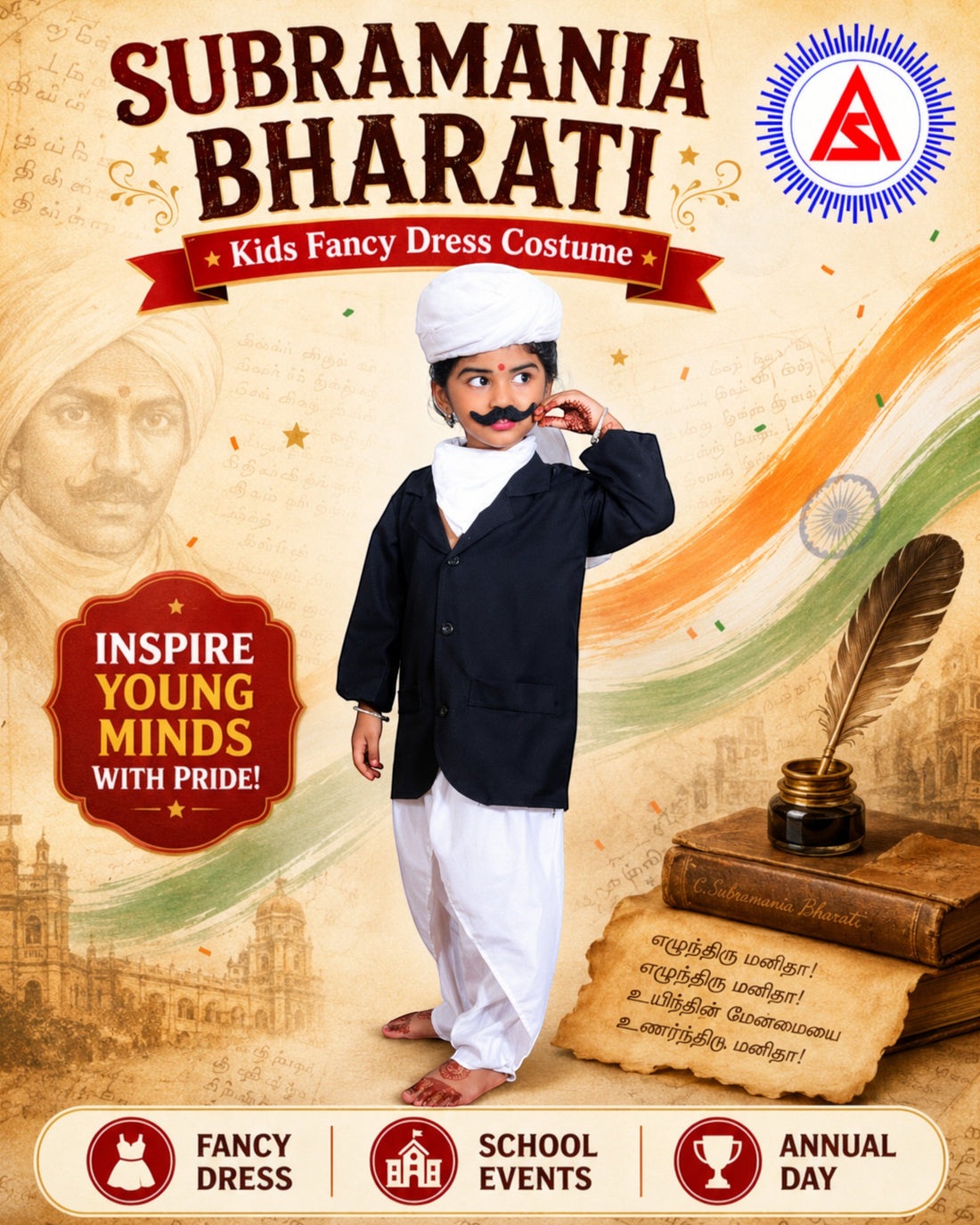 Child dressed as Subramania Bharati with white turban, black coat and traditional dhoti