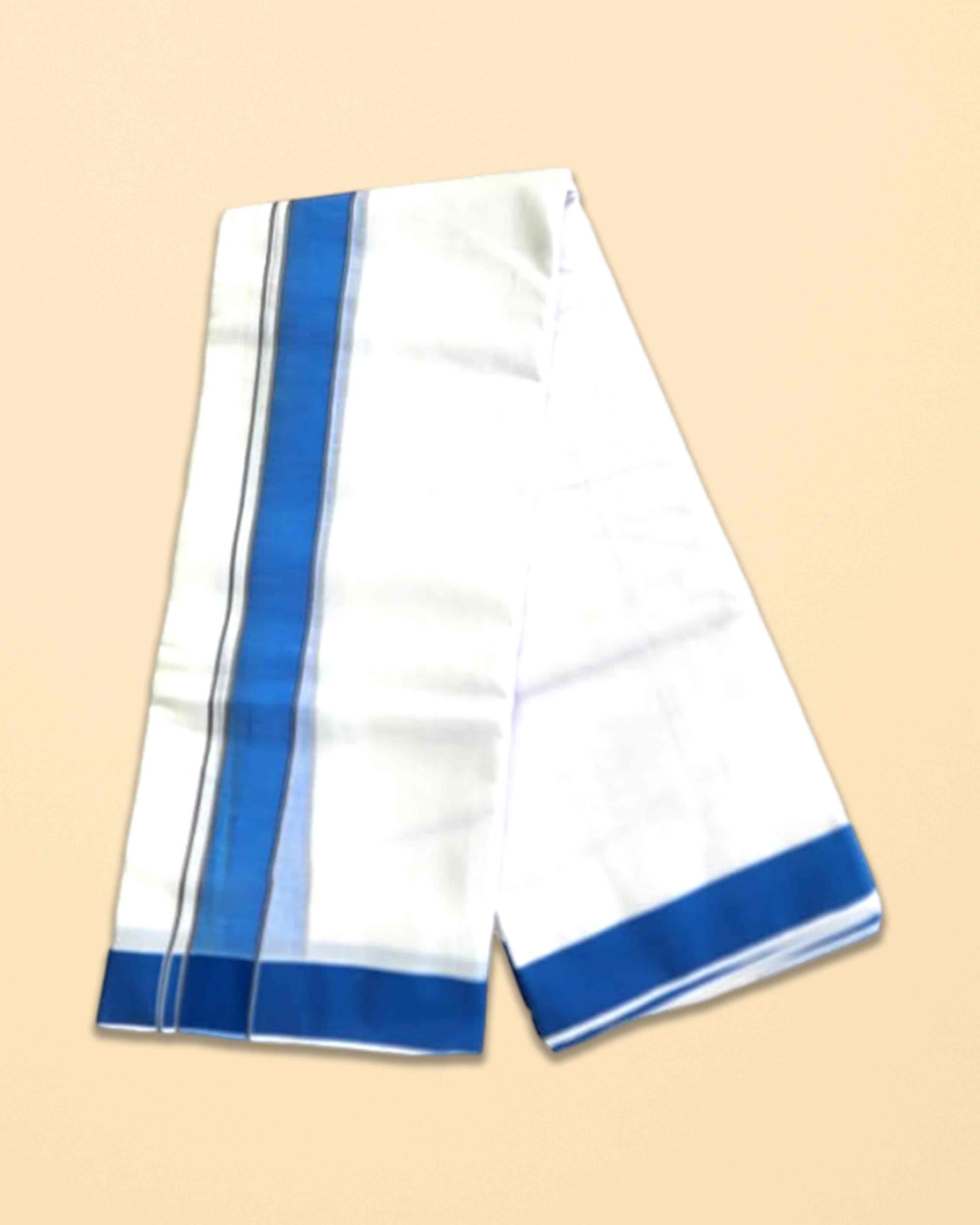 Men’s Traditional White Cotton Panchakacham Dhoti with Blue Border – Unstitched 9×5 Veshti, 4 m Dhoti with 2.20 m Angavastram