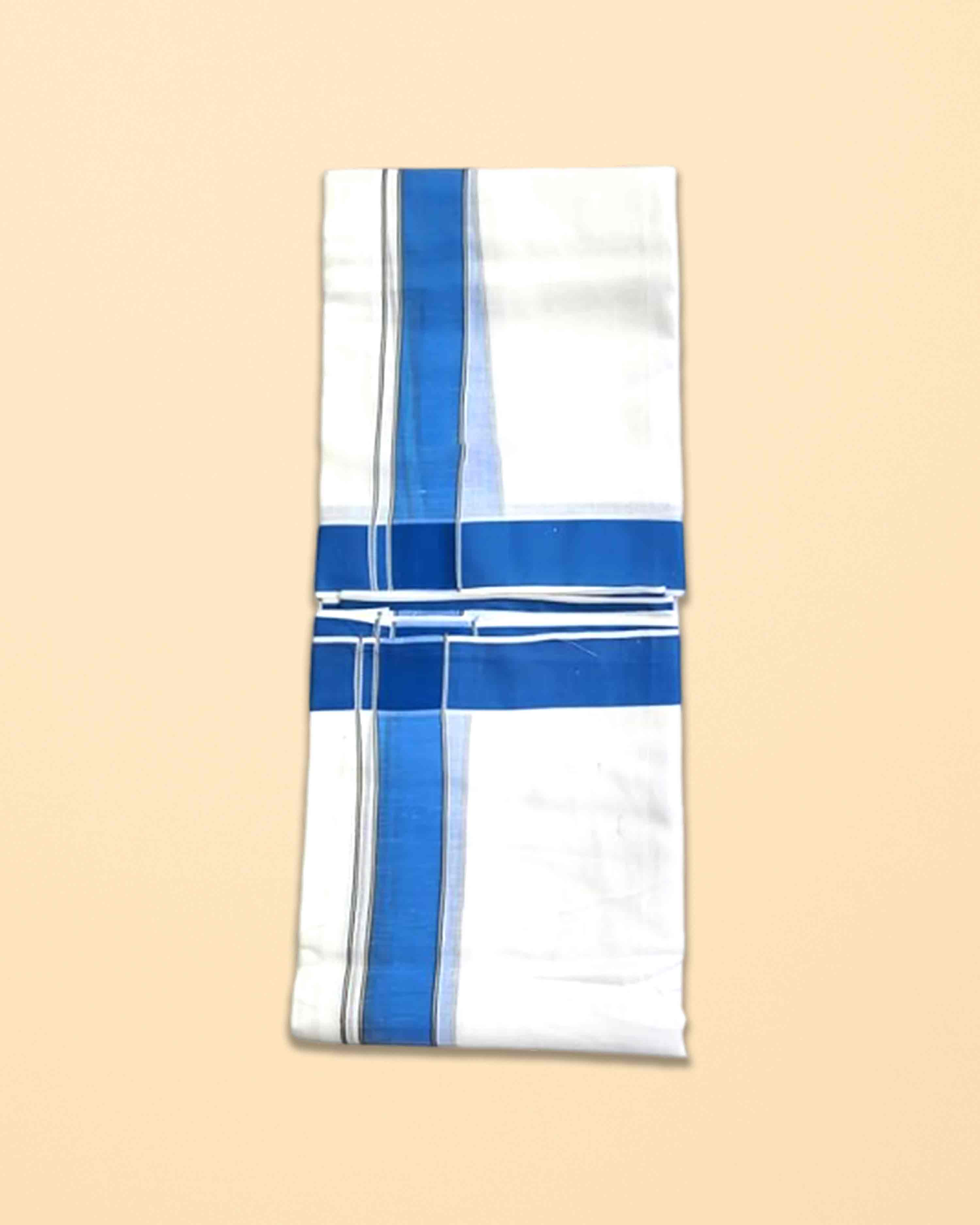 Men’s Traditional White Cotton Panchakacham Dhoti with Blue Border – Unstitched 9×5 Veshti, 4 m Dhoti with 2.20 m Angavastram