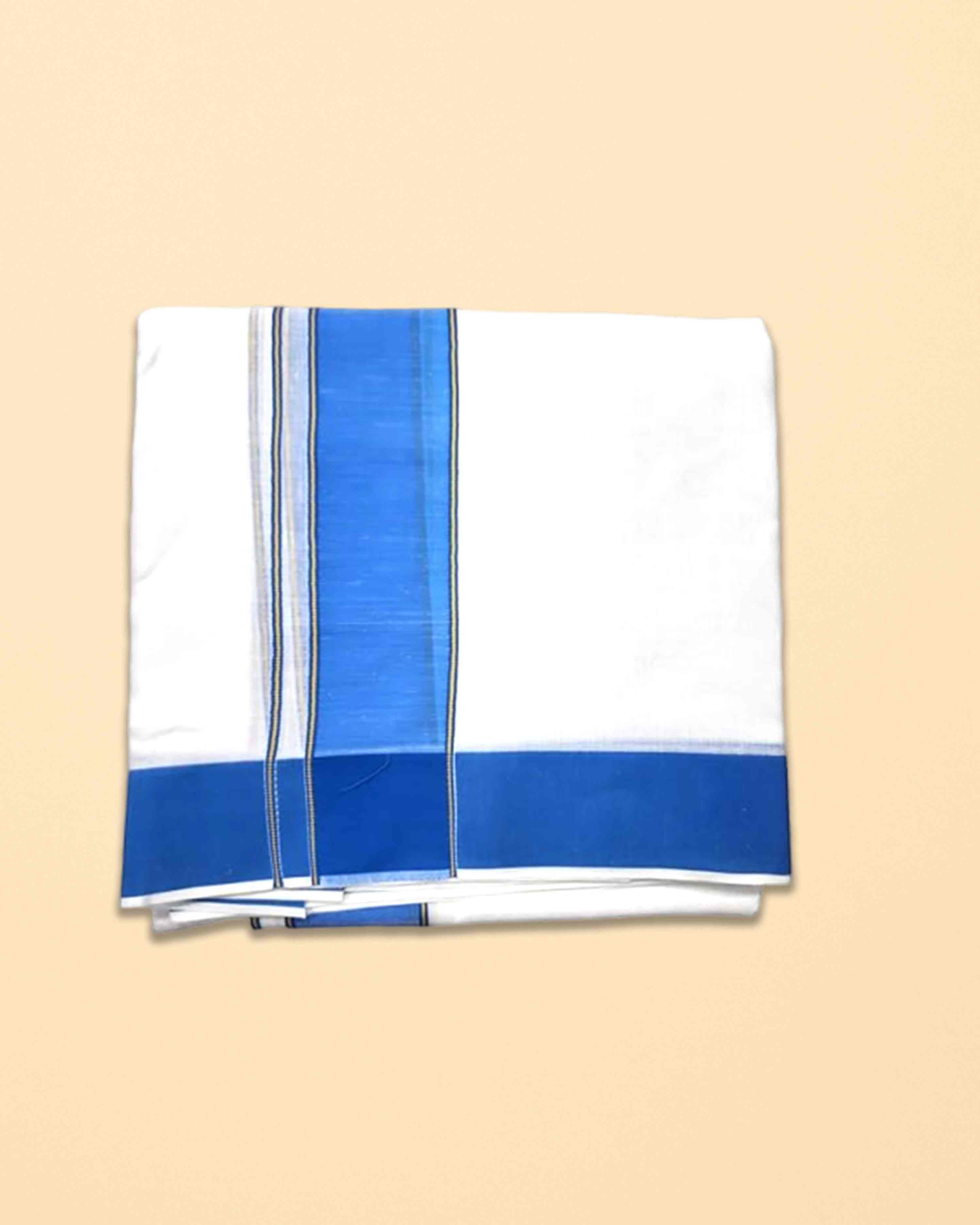 Men’s Traditional White Cotton Panchakacham Dhoti with Blue Border – Unstitched 9×5 Veshti, 4 m Dhoti with 2.20 m Angavastram