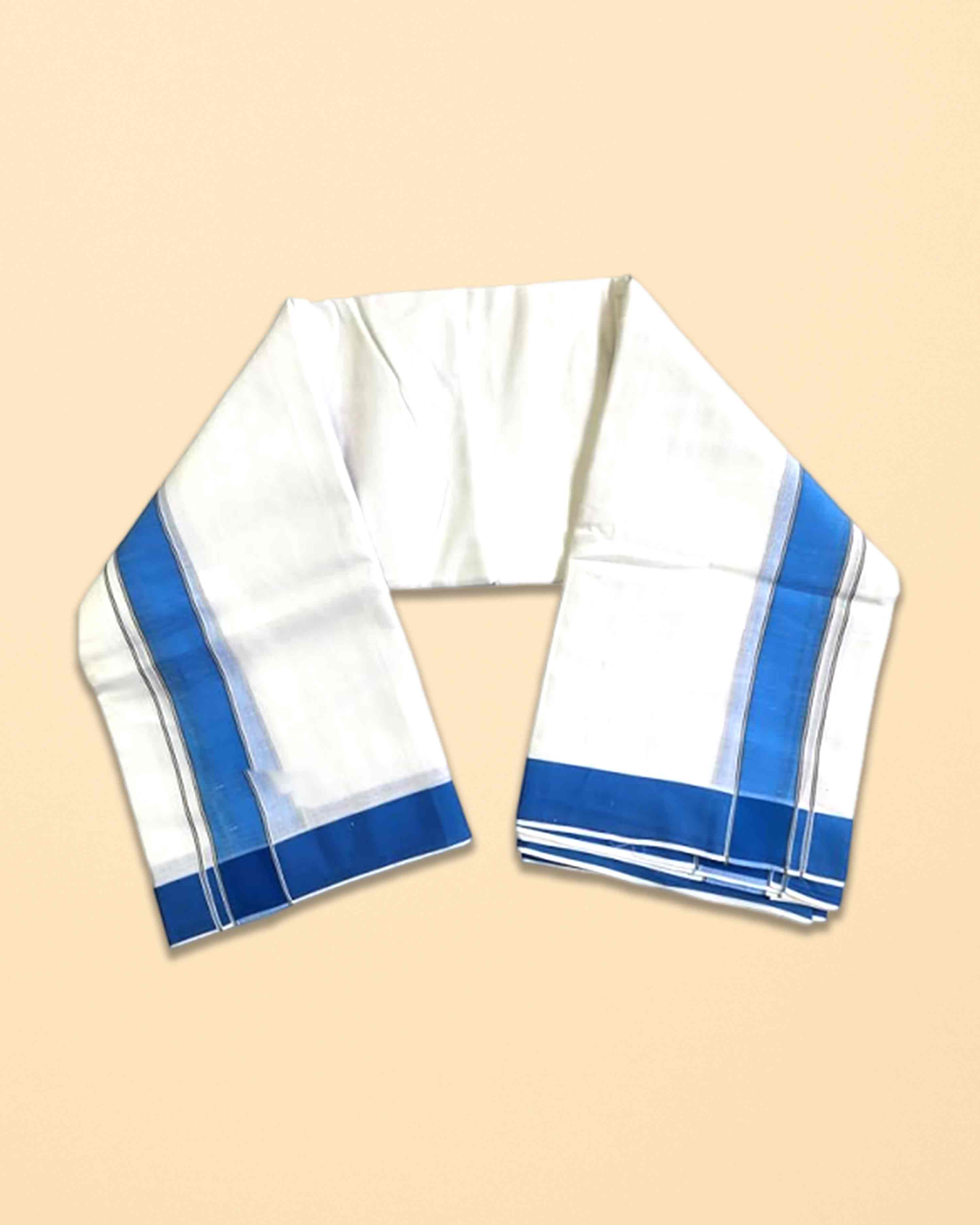 Men’s Traditional White Cotton Panchakacham Dhoti with Blue Border – Unstitched 9×5 Veshti, 4 m Dhoti with 2.20 m Angavastram