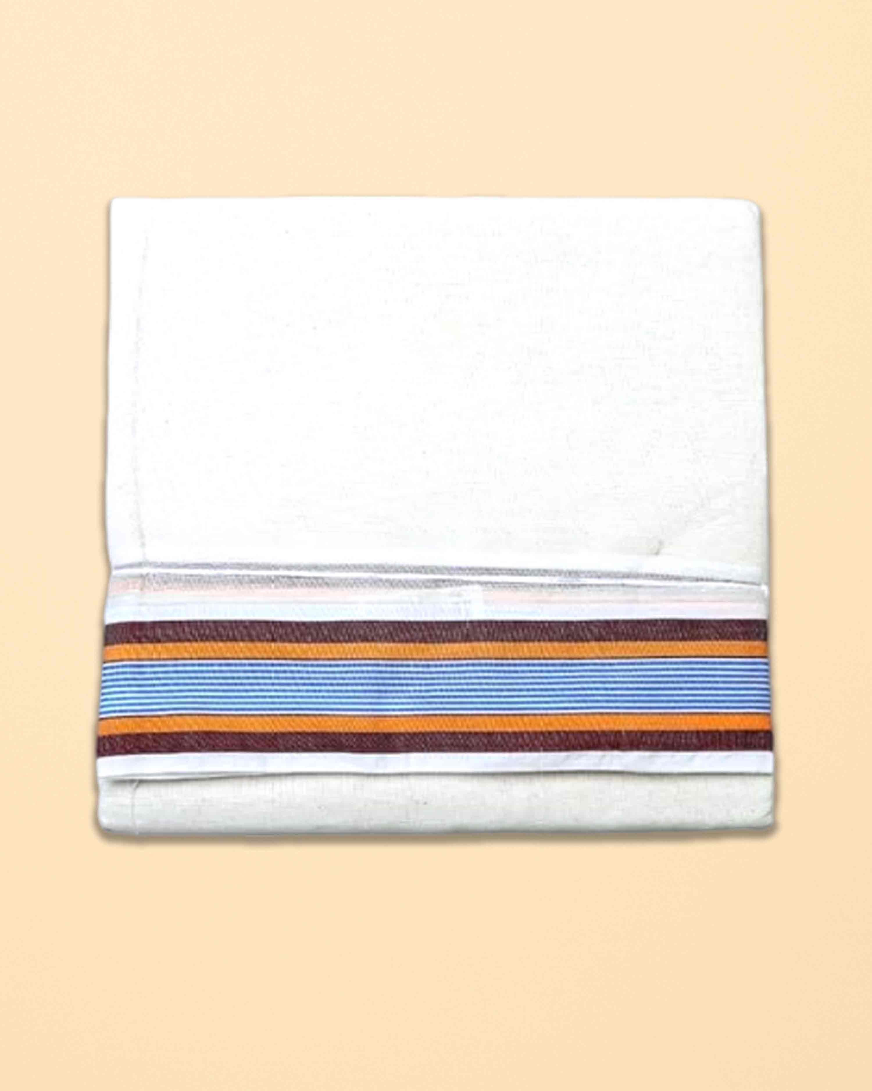Men’s Cotton Panchakacham 9×5 with Big Ice Cream Border – Unbleached Off-White Dhoti & Towel Set, Dhoti 4 m, Towel 2.2 m