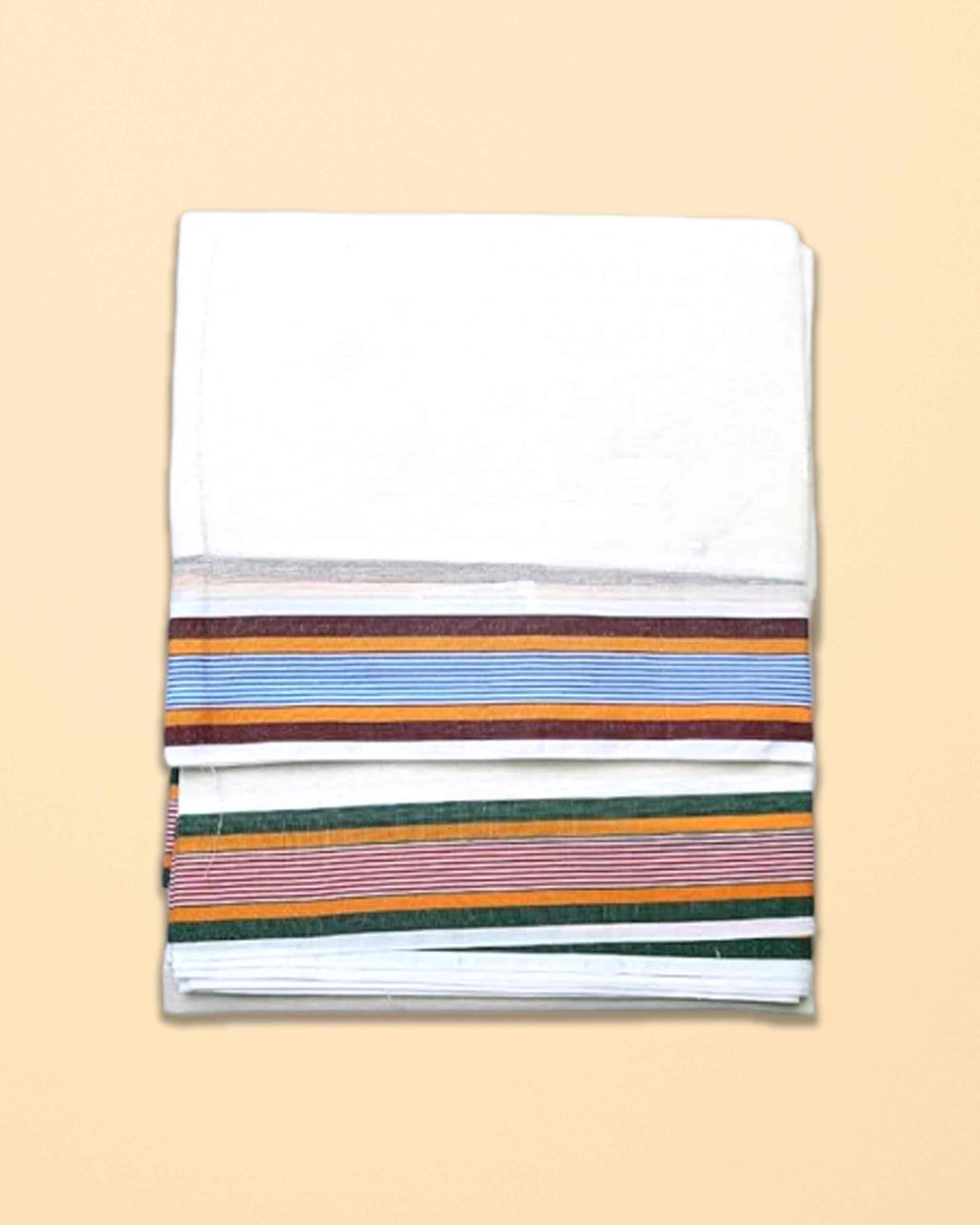 Men’s Cotton Panchakacham 9×5 with Big Ice Cream Border – Unbleached Off-White Dhoti & Towel Set, Dhoti 4 m, Towel 2.2 m