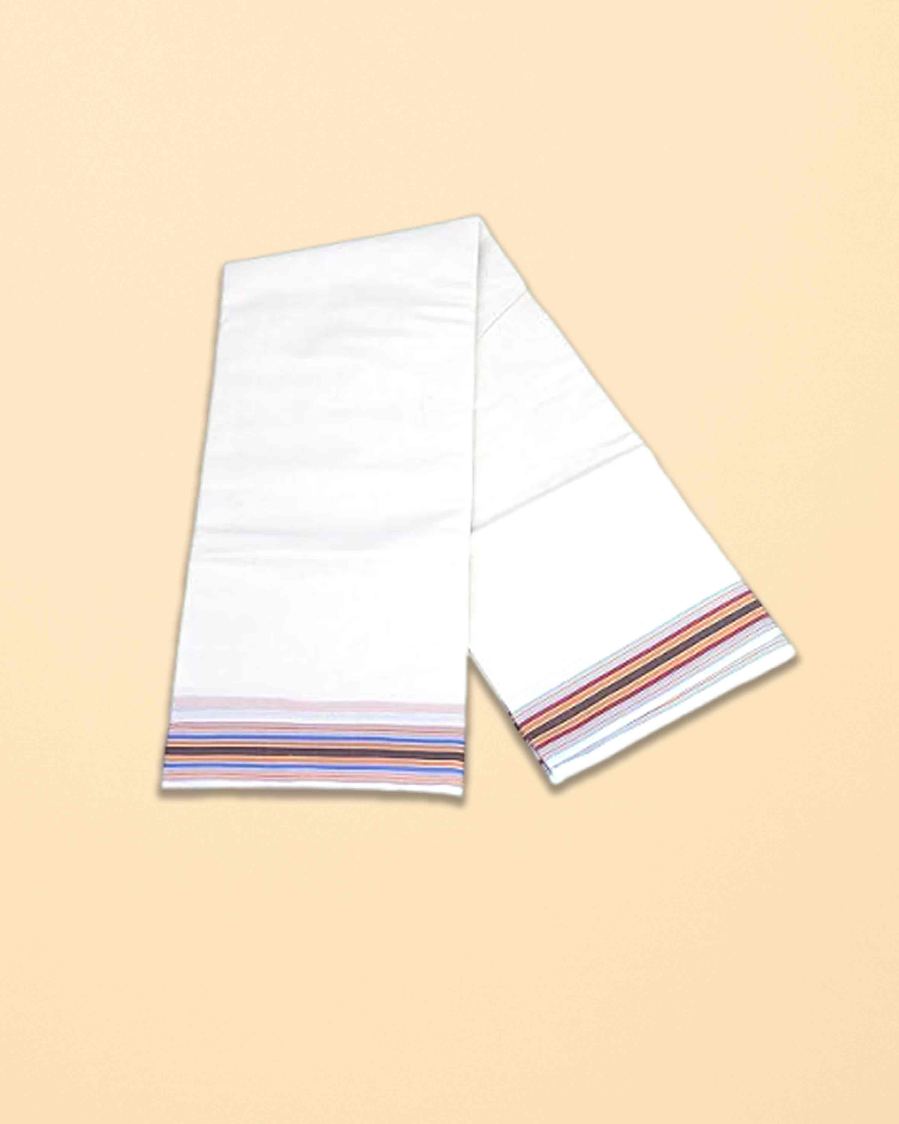 Men’s Cotton Panchakacham 9×5 with Big Ice Cream Border – Unbleached Off-White Dhoti & Towel Set, Dhoti 4 m, Towel 2.2 m