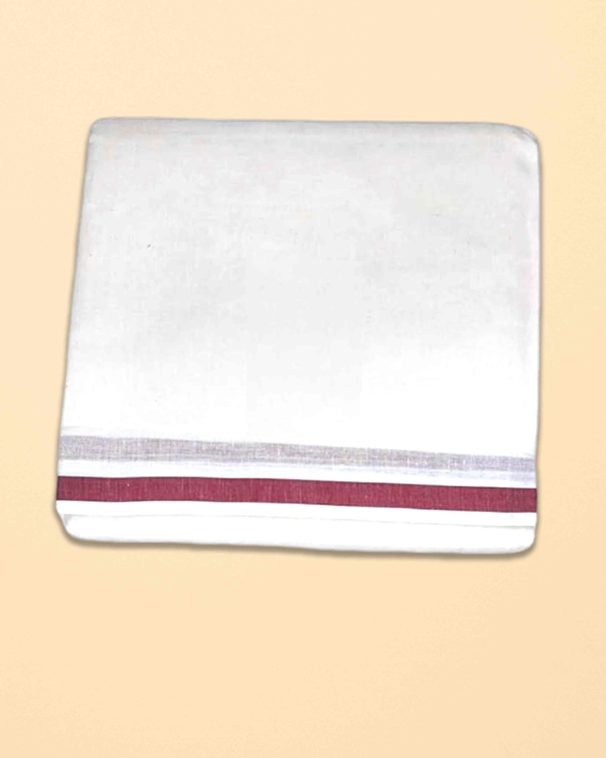 Ambika Stores unbleached off-white cotton Gundanju Panchakacham dhoti with a maroon and silver border