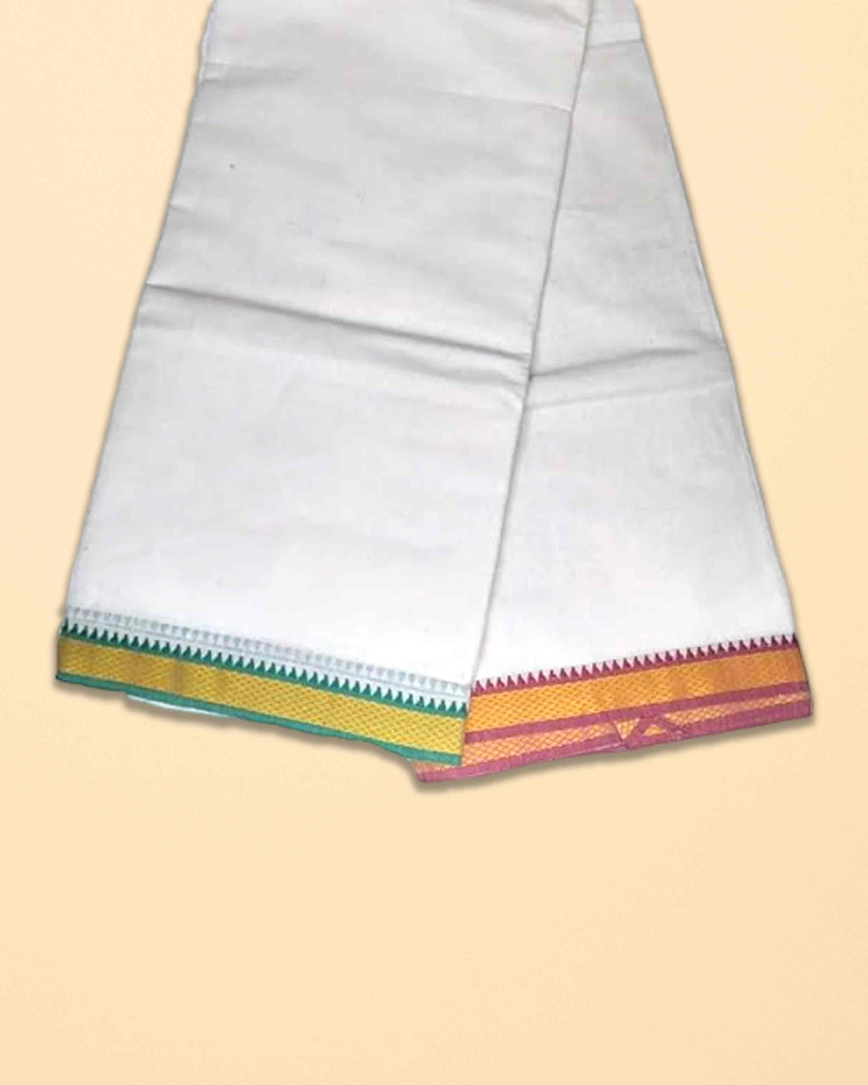Men’s Cotton Panchakacham 9×5 with Mayilkan Border – Unbleached Off-White Dhoti and Towel Set, Dhoti 4 m, Towel 2.2 m