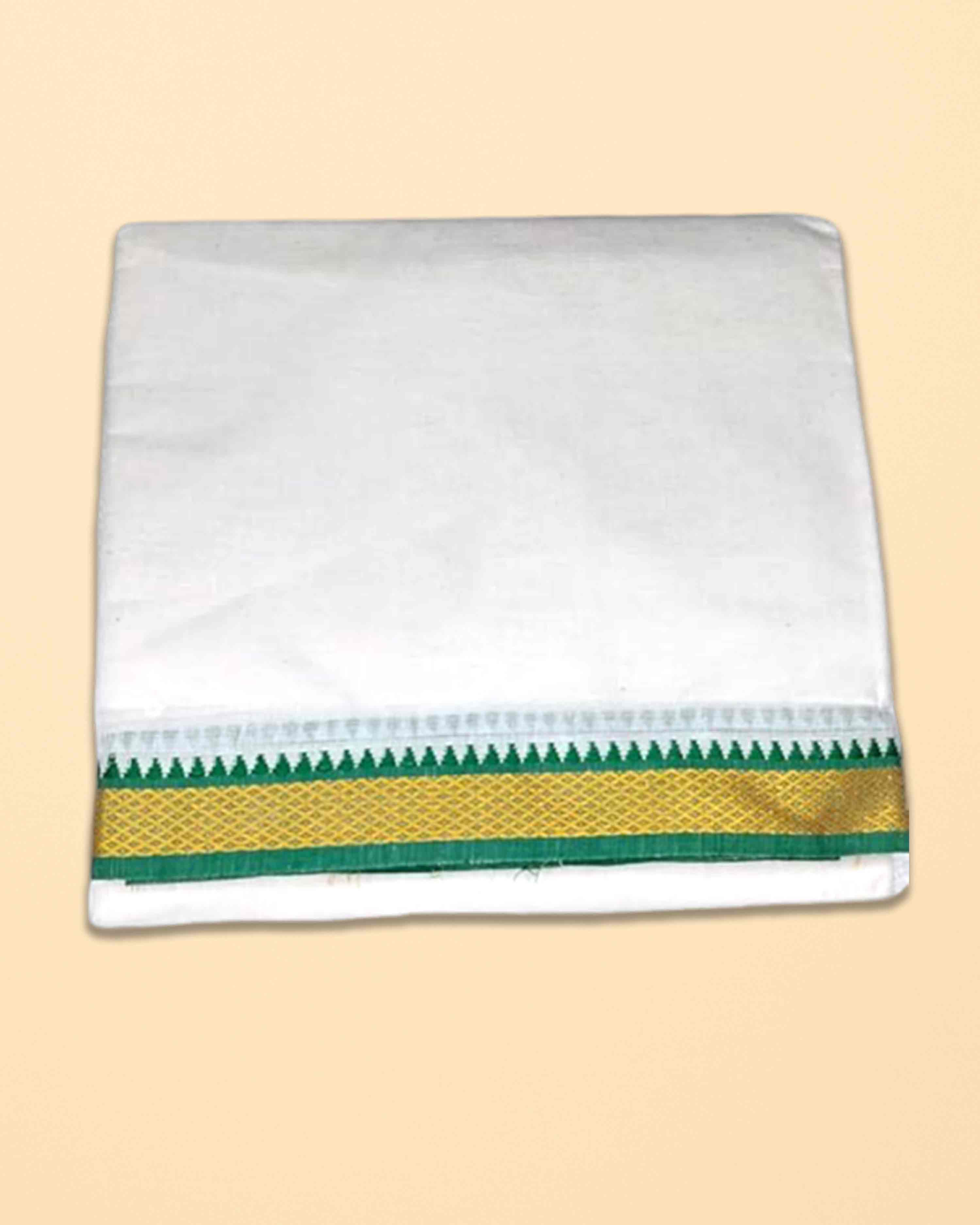 Men’s Cotton Panchakacham 9×5 with Mayilkan Border – Unbleached Off-White Dhoti and Towel Set, Dhoti 4 m, Towel 2.2 m