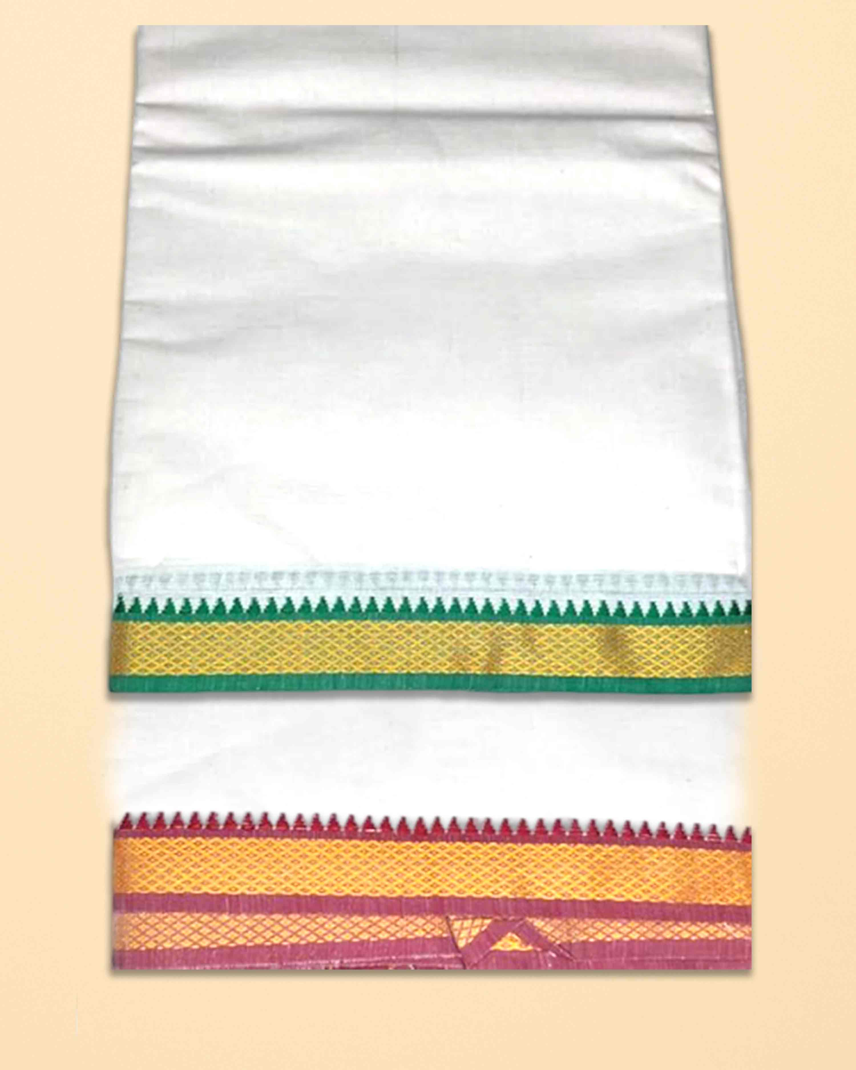 Men’s Cotton Panchakacham 9×5 with Mayilkan Border – Unbleached Off-White Dhoti and Towel Set, Dhoti 4 m, Towel 2.2 m
