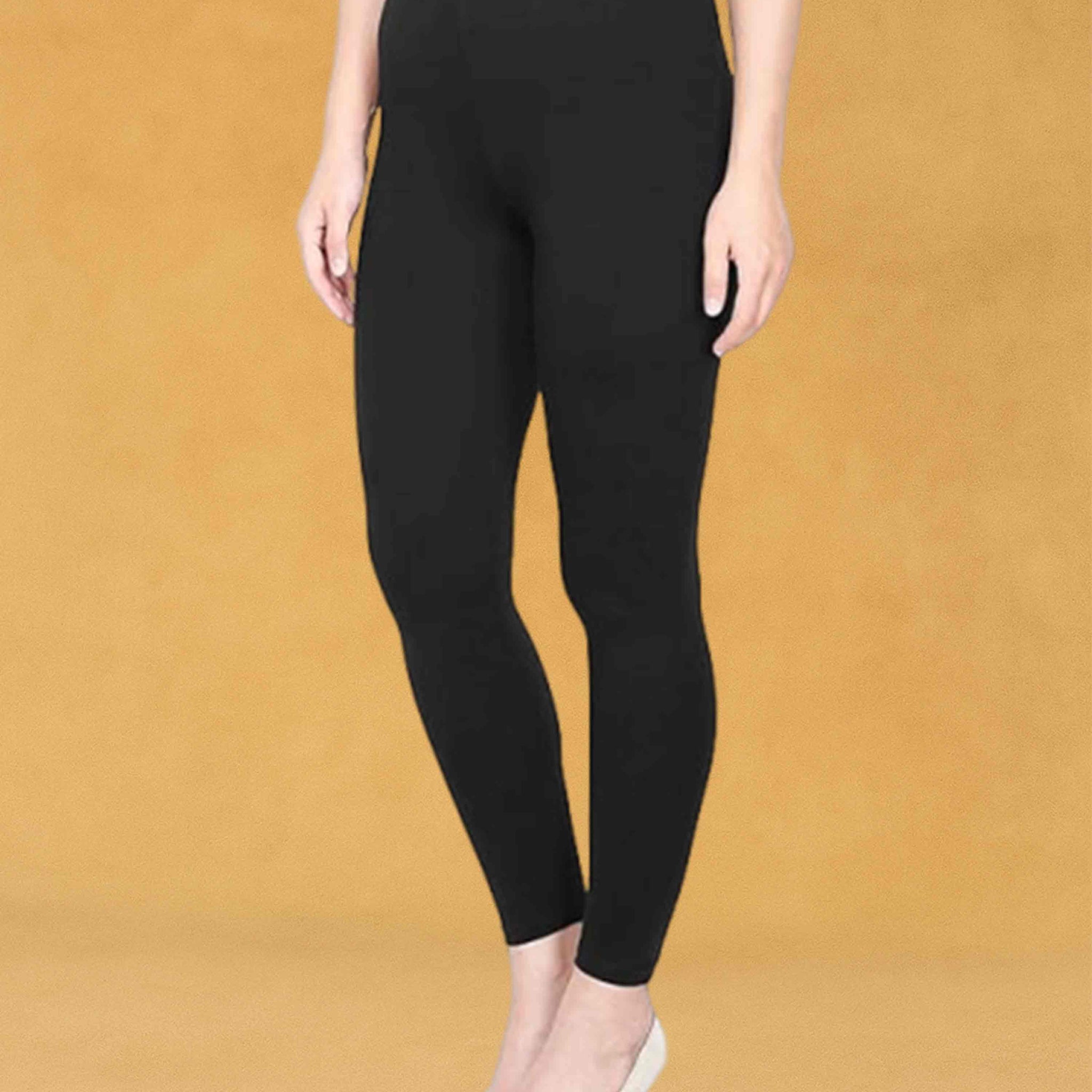 Slimz Solid Stretchable Skinny Fit Cotton Fabric Ankle Length Leggings for Women - Black
